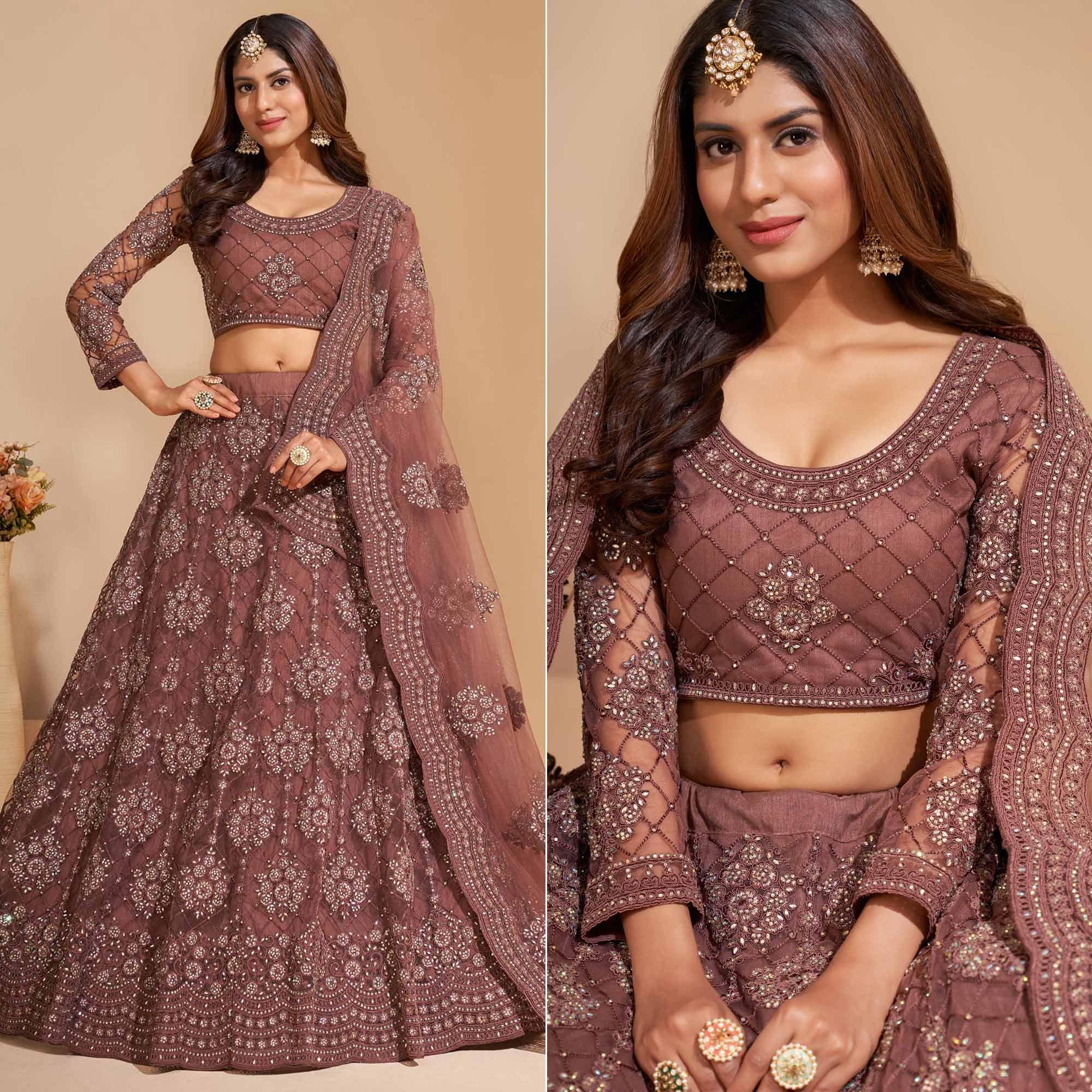 Brown Wedding Wear Embroidered With Embellished Net Lehenga Choli - Peachmode