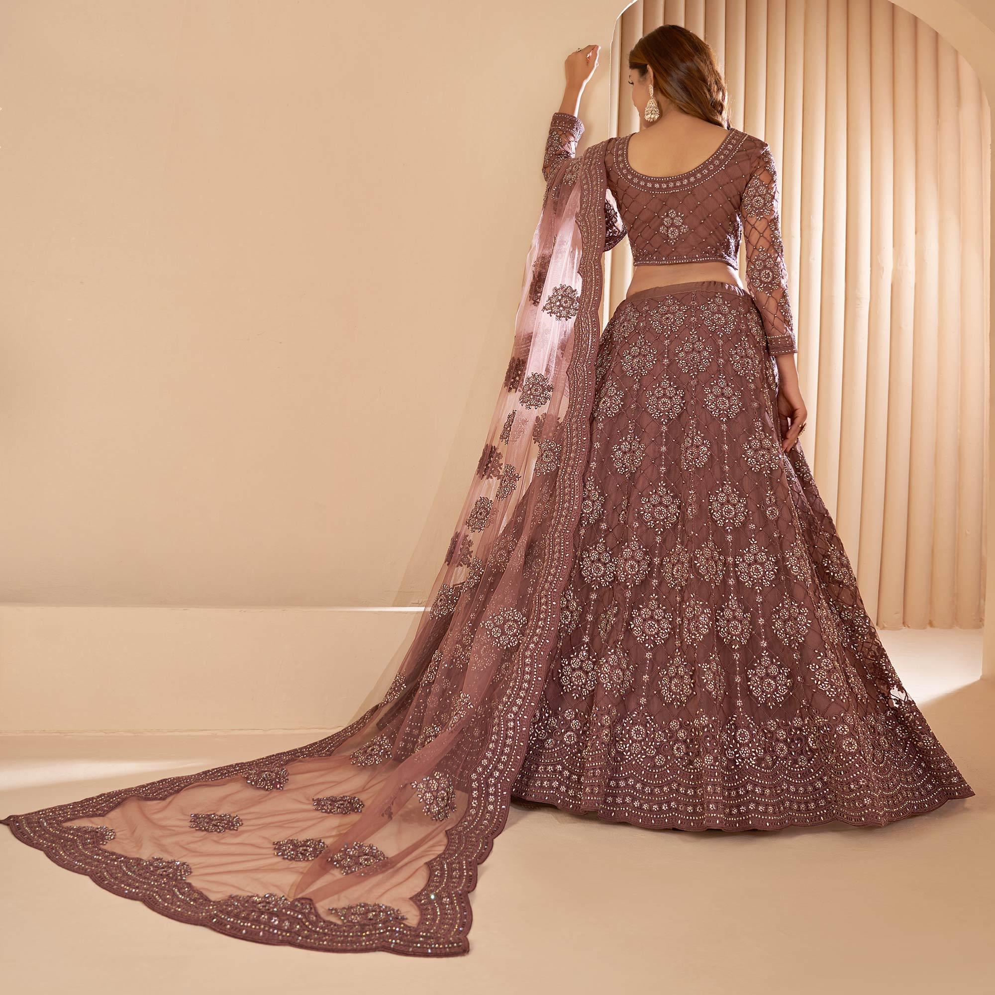 Brown Wedding Wear Embroidered With Embellished Net Lehenga Choli - Peachmode