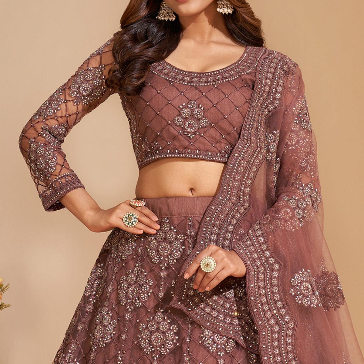 Brown Wedding Wear Embroidered With Embellished Net Lehenga Choli - Peachmode