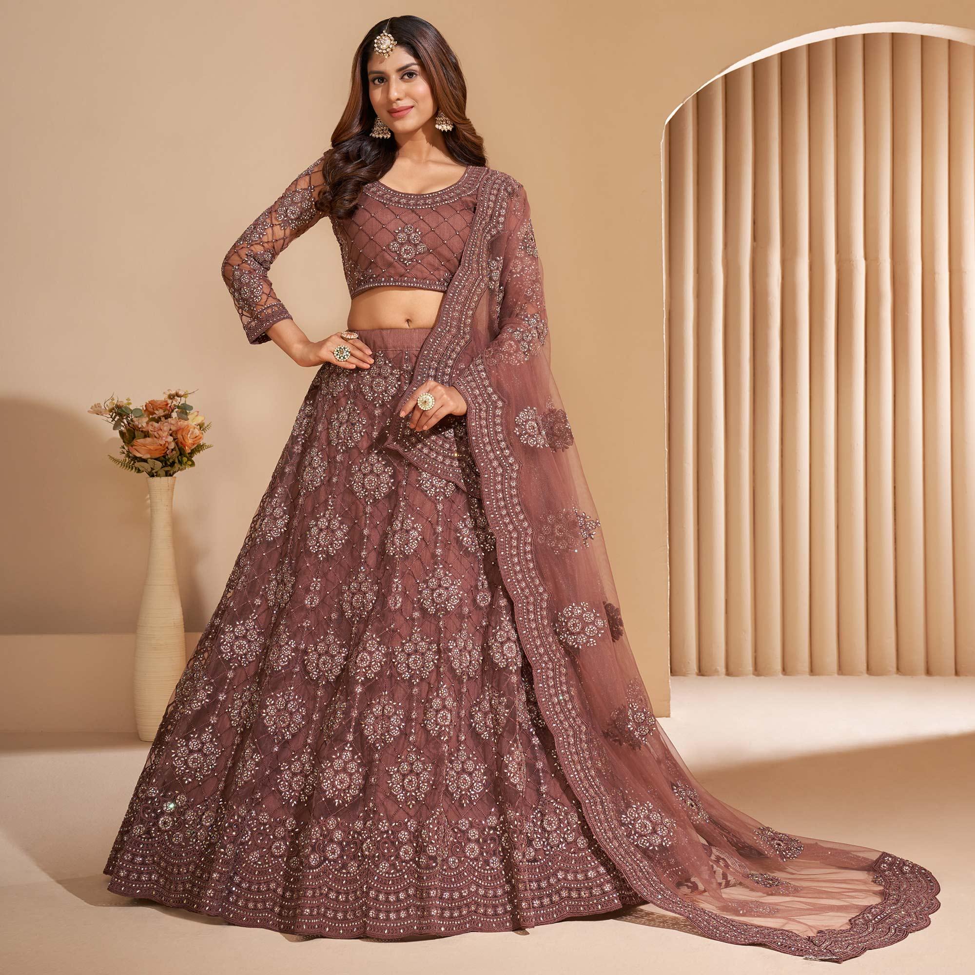 Brown Wedding Wear Embroidered With Embellished Net Lehenga Choli - Peachmode