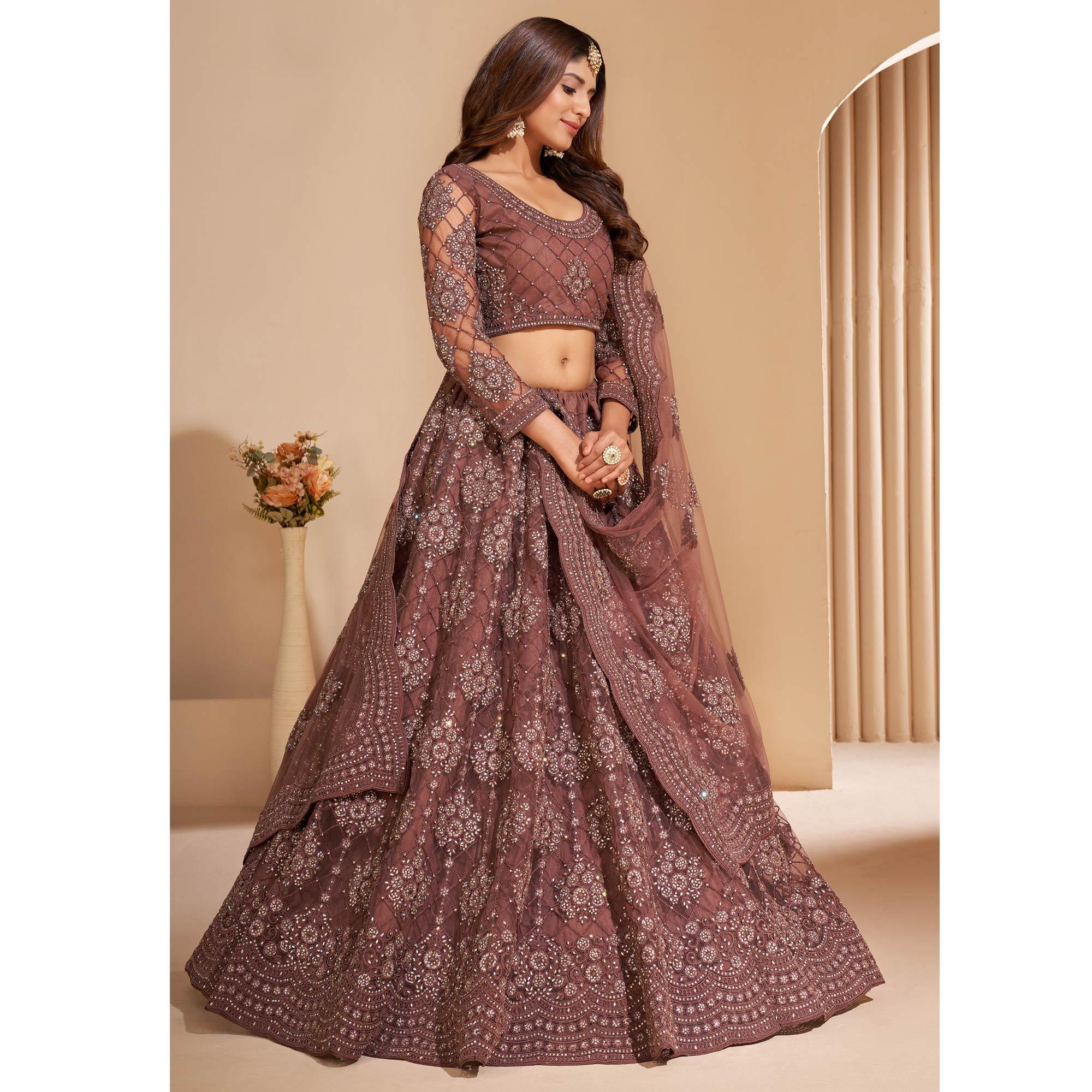 Brown Wedding Wear Embroidered With Embellished Net Lehenga Choli - Peachmode