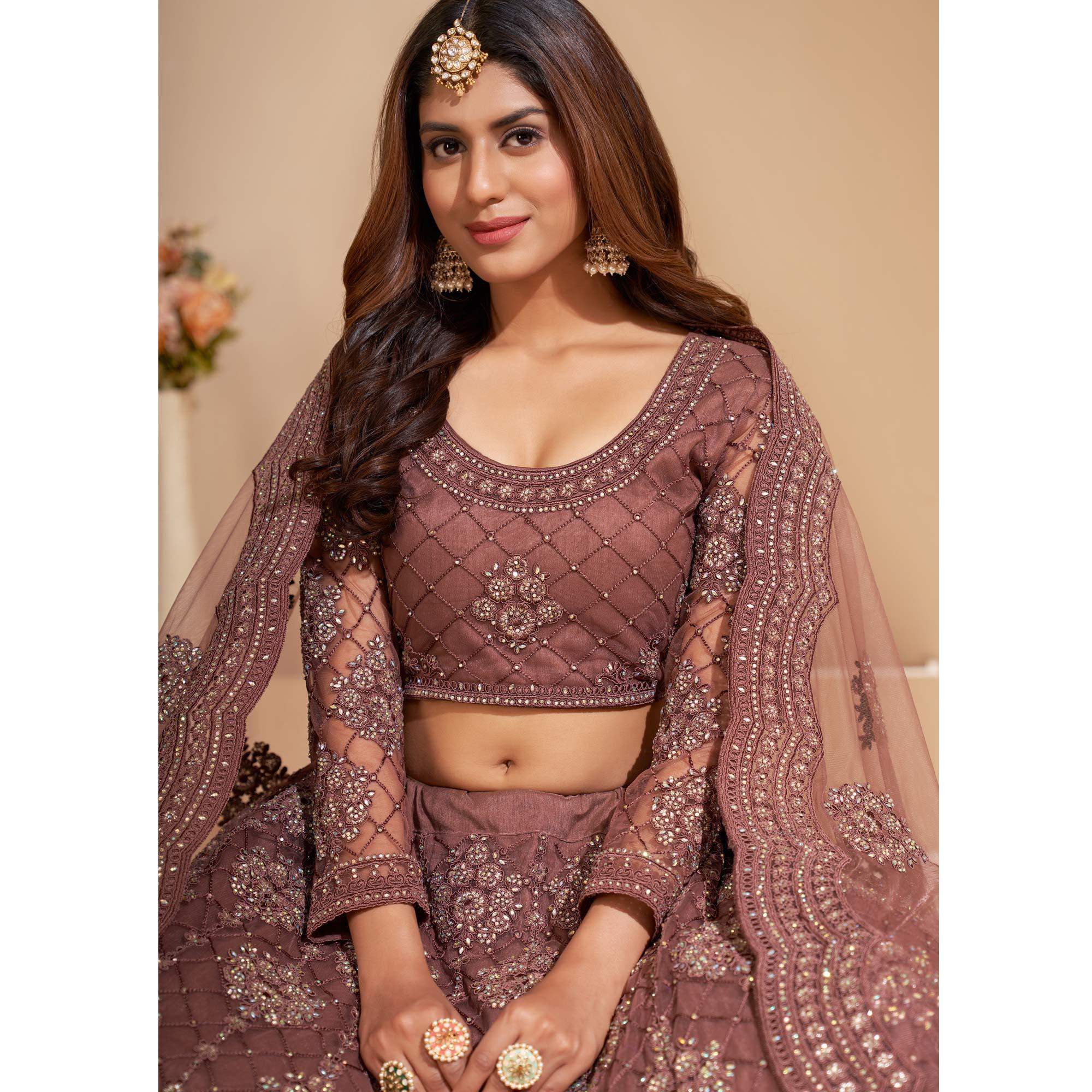 Brown Wedding Wear Embroidered With Embellished Net Lehenga Choli - Peachmode