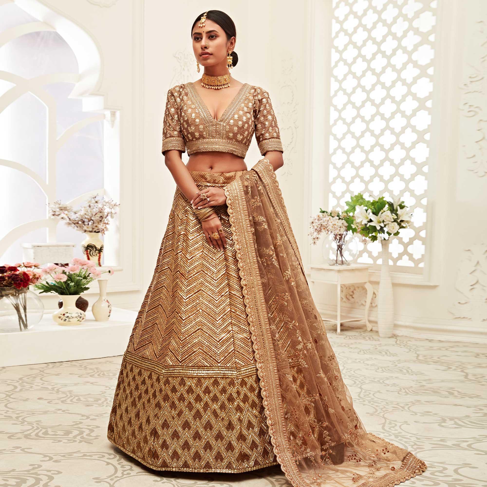 Brown Wedding Wear Floral Sequins Embroidered Slub Silk Lehenga Choli - Peachmode