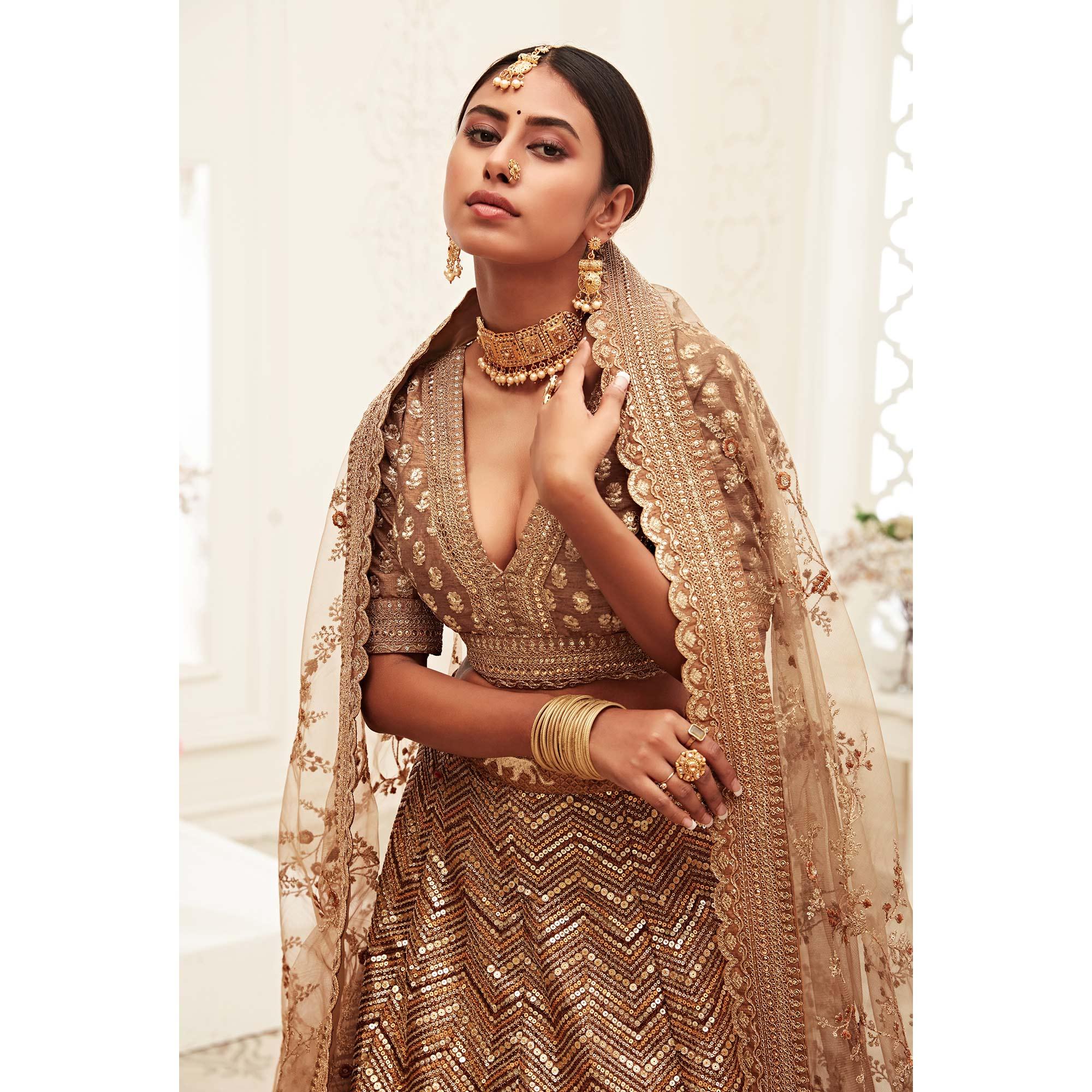 Brown Wedding Wear Floral Sequins Embroidered Slub Silk Lehenga Choli - Peachmode