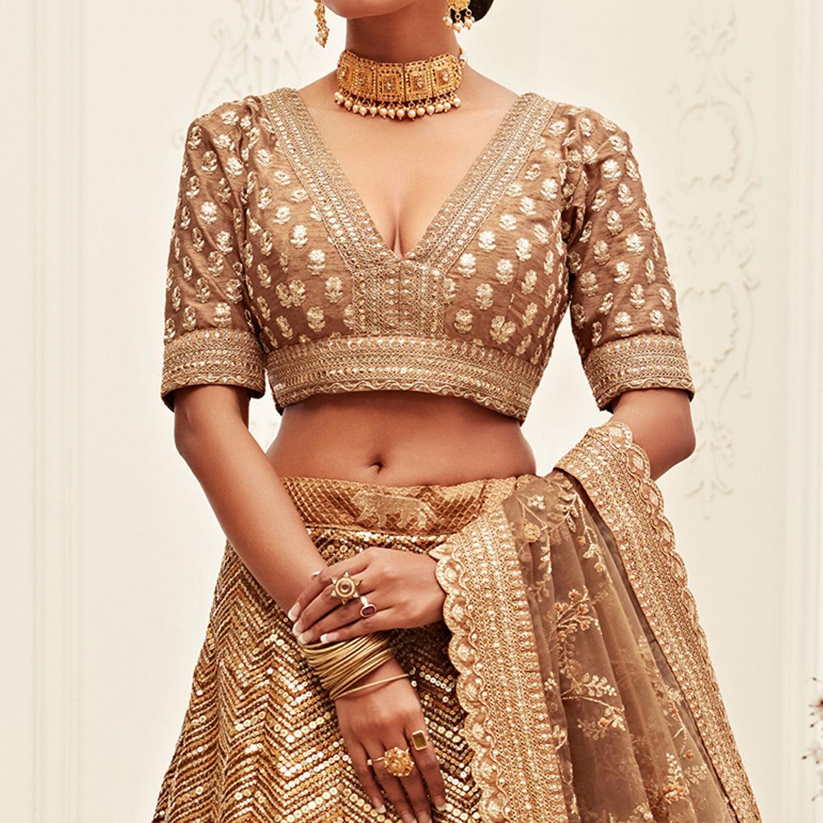 Brown Wedding Wear Floral Sequins Embroidered Slub Silk Lehenga Choli - Peachmode