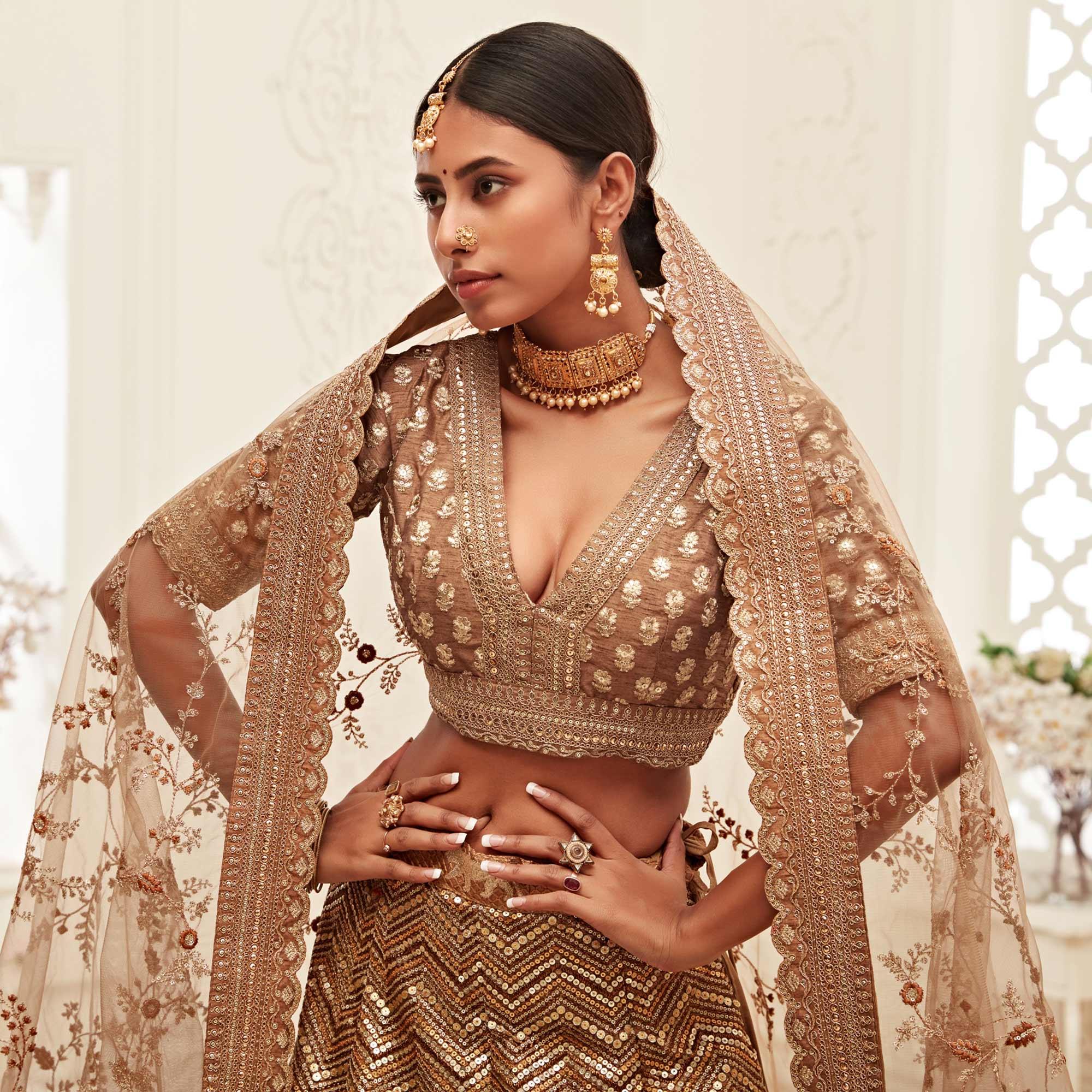 Brown Wedding Wear Floral Sequins Embroidered Slub Silk Lehenga Choli - Peachmode