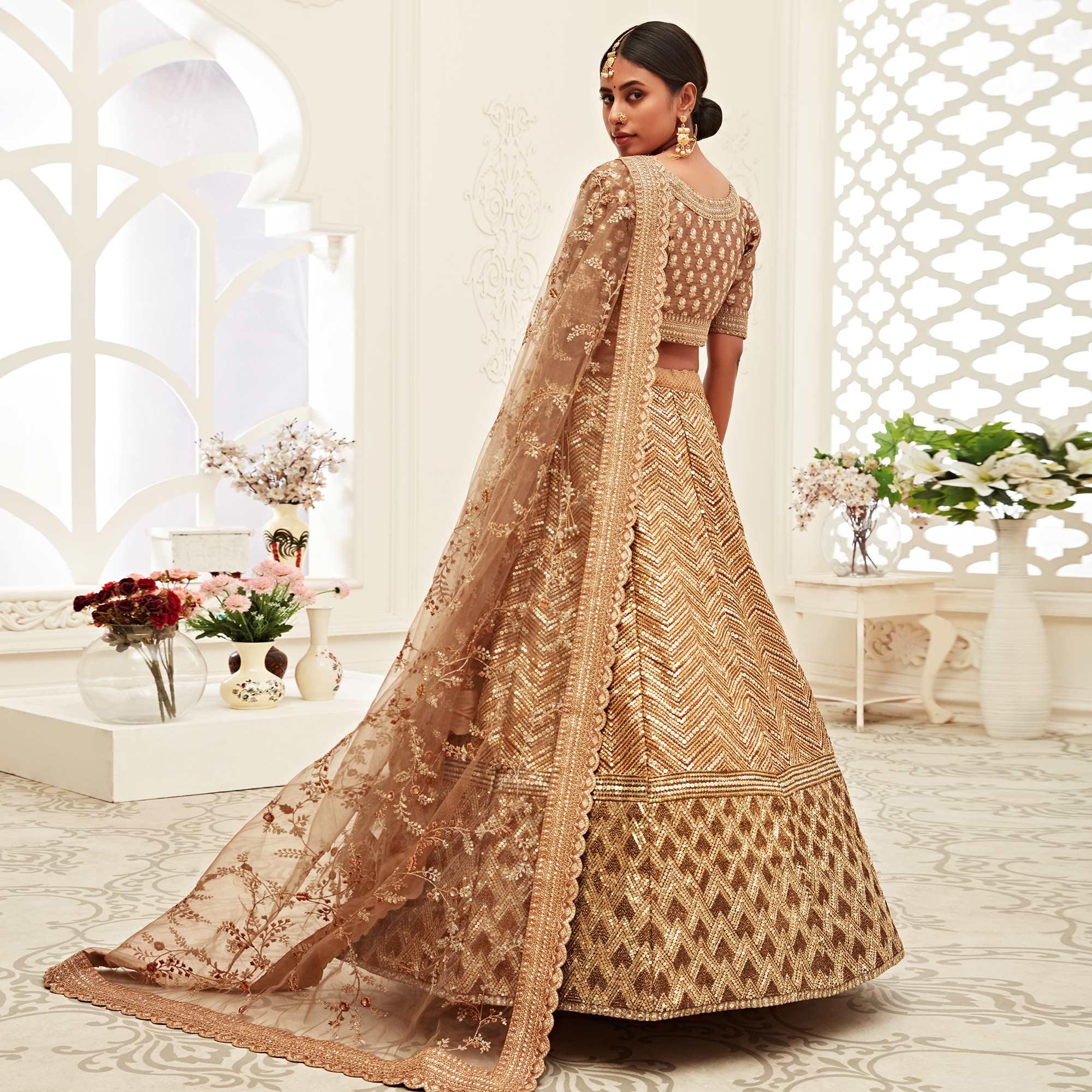 Brown Wedding Wear Floral Sequins Embroidered Slub Silk Lehenga Choli - Peachmode