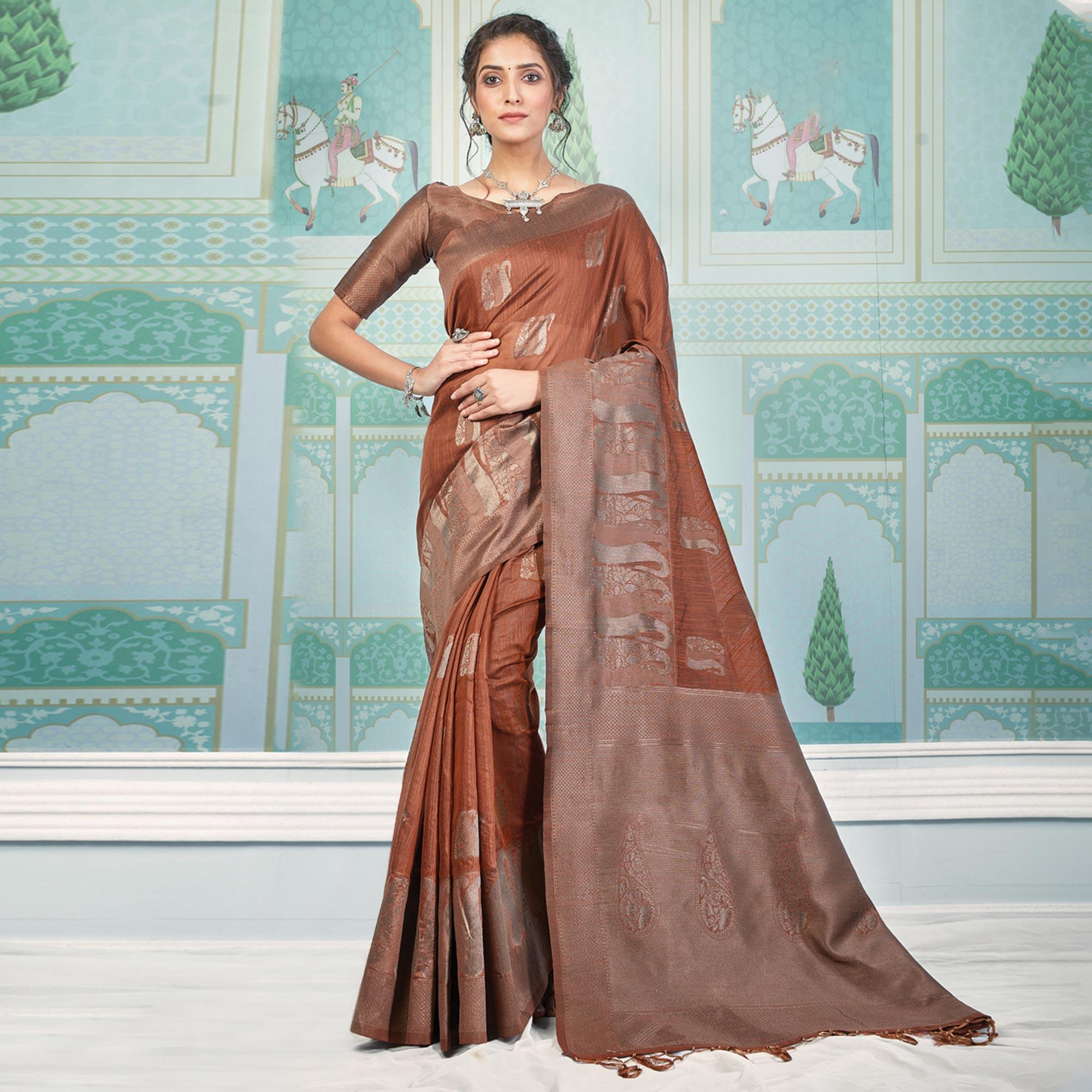 Brown Woven Art Silk Saree With Tassels - Peachmode