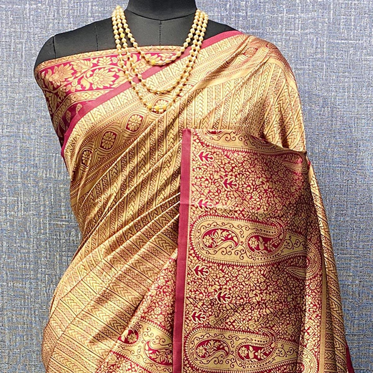 Brown Woven Banarasi Silk Saree - Peachmode