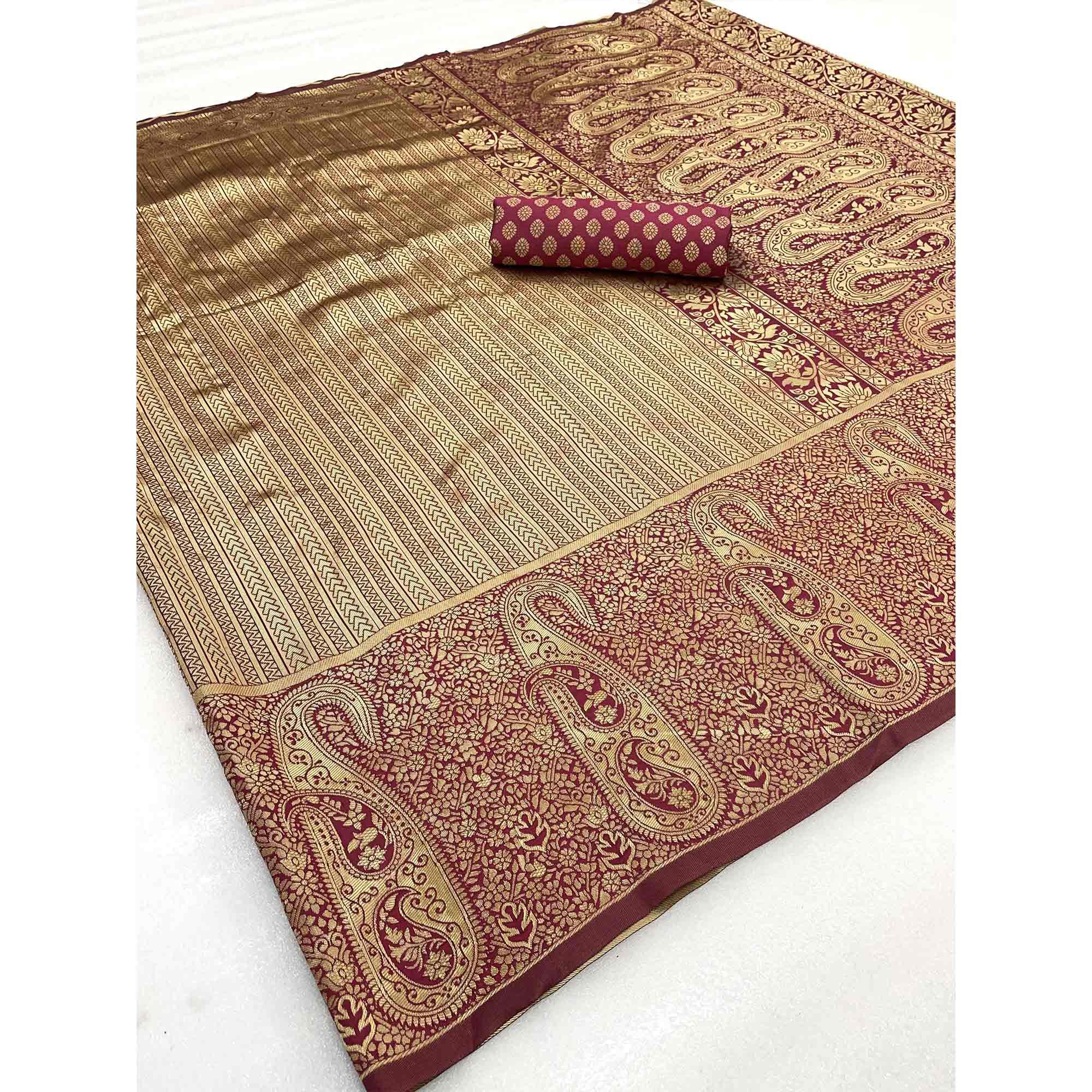 Brown Woven Banarasi Silk Saree - Peachmode