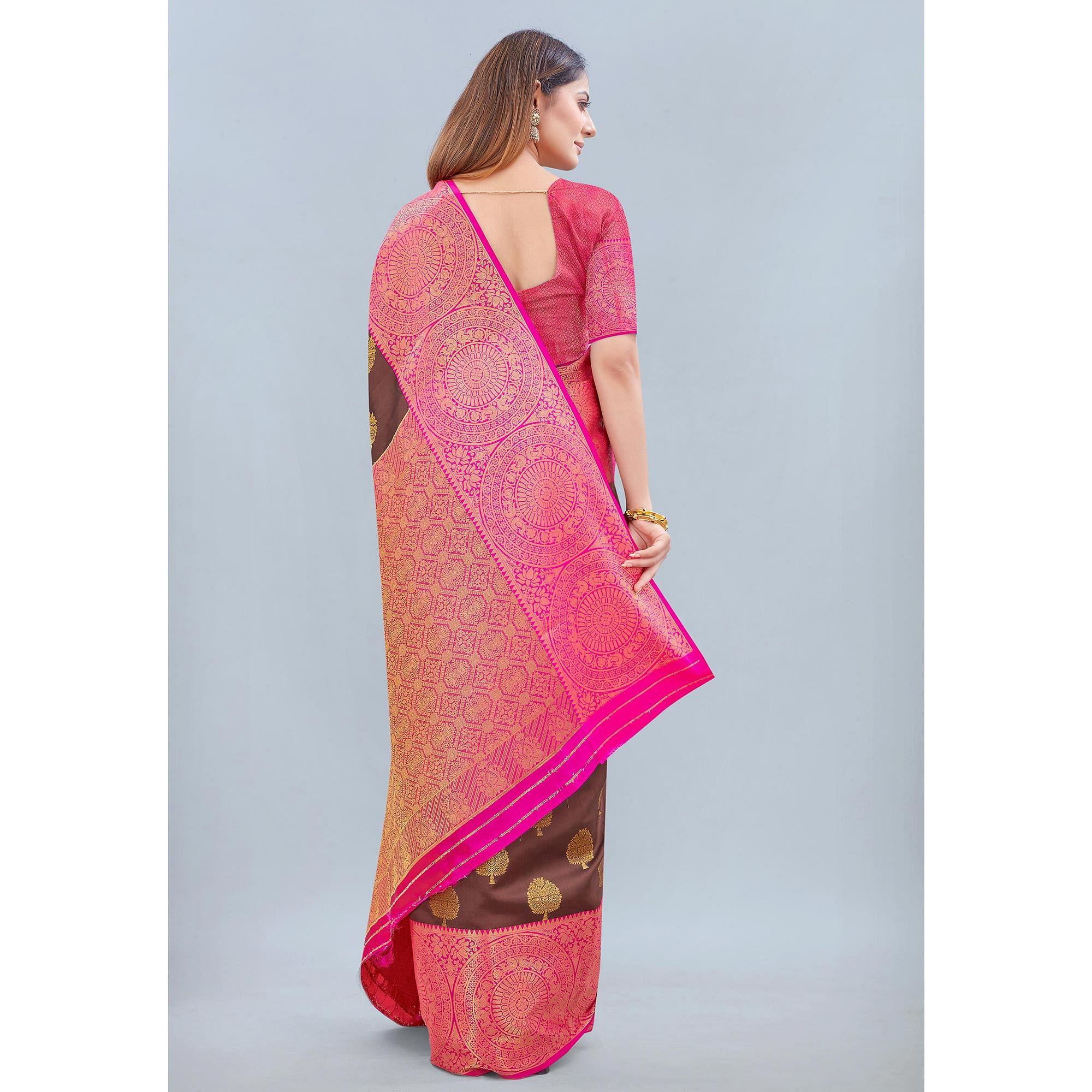 Brown Woven Banarasi Silk Saree - Peachmode