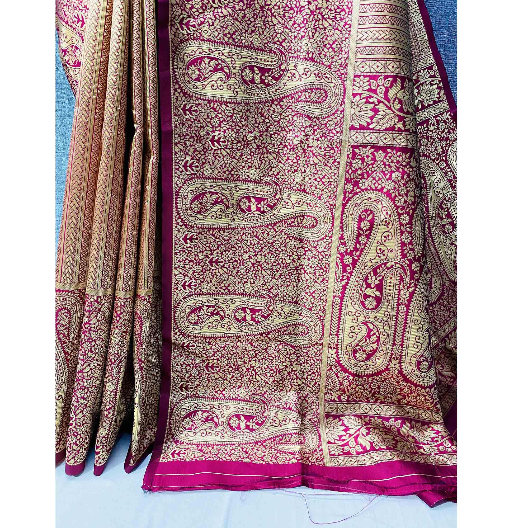 Brown Woven Banarasi Silk Saree - Peachmode