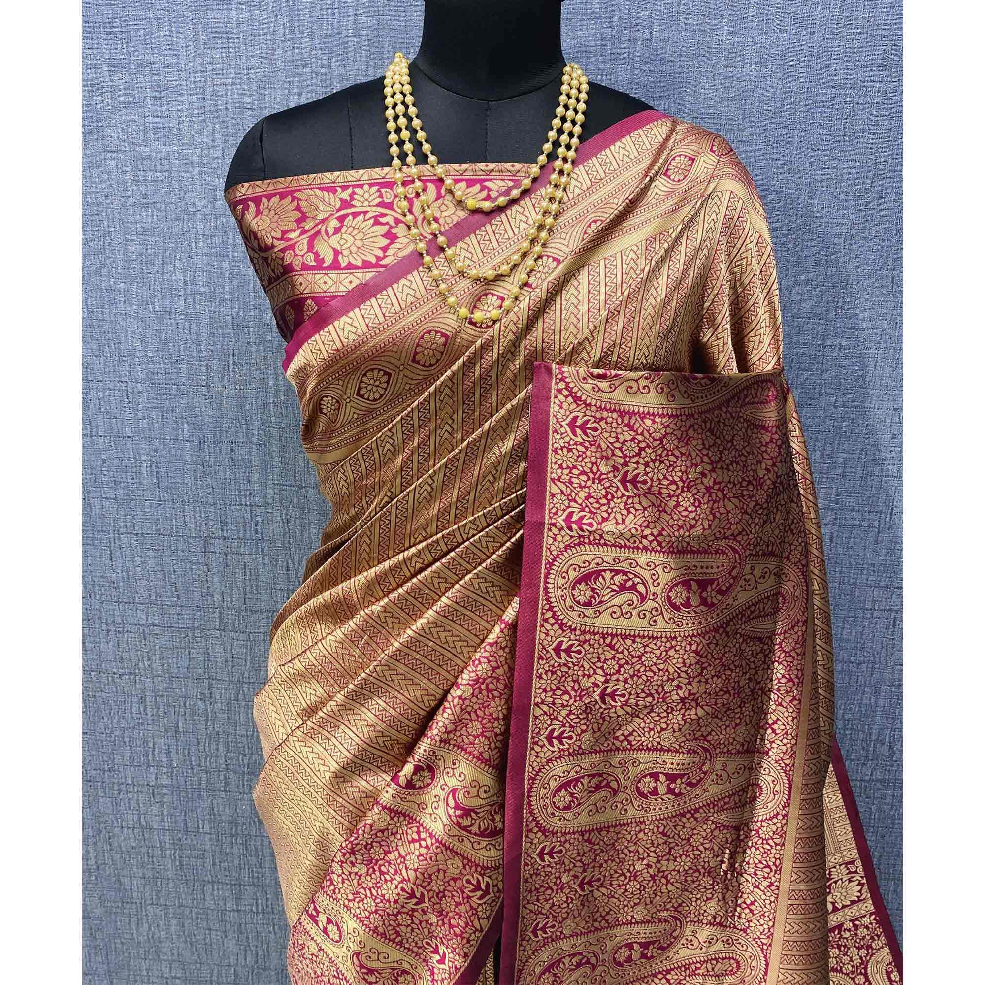 Brown Woven Banarasi Silk Saree - Peachmode