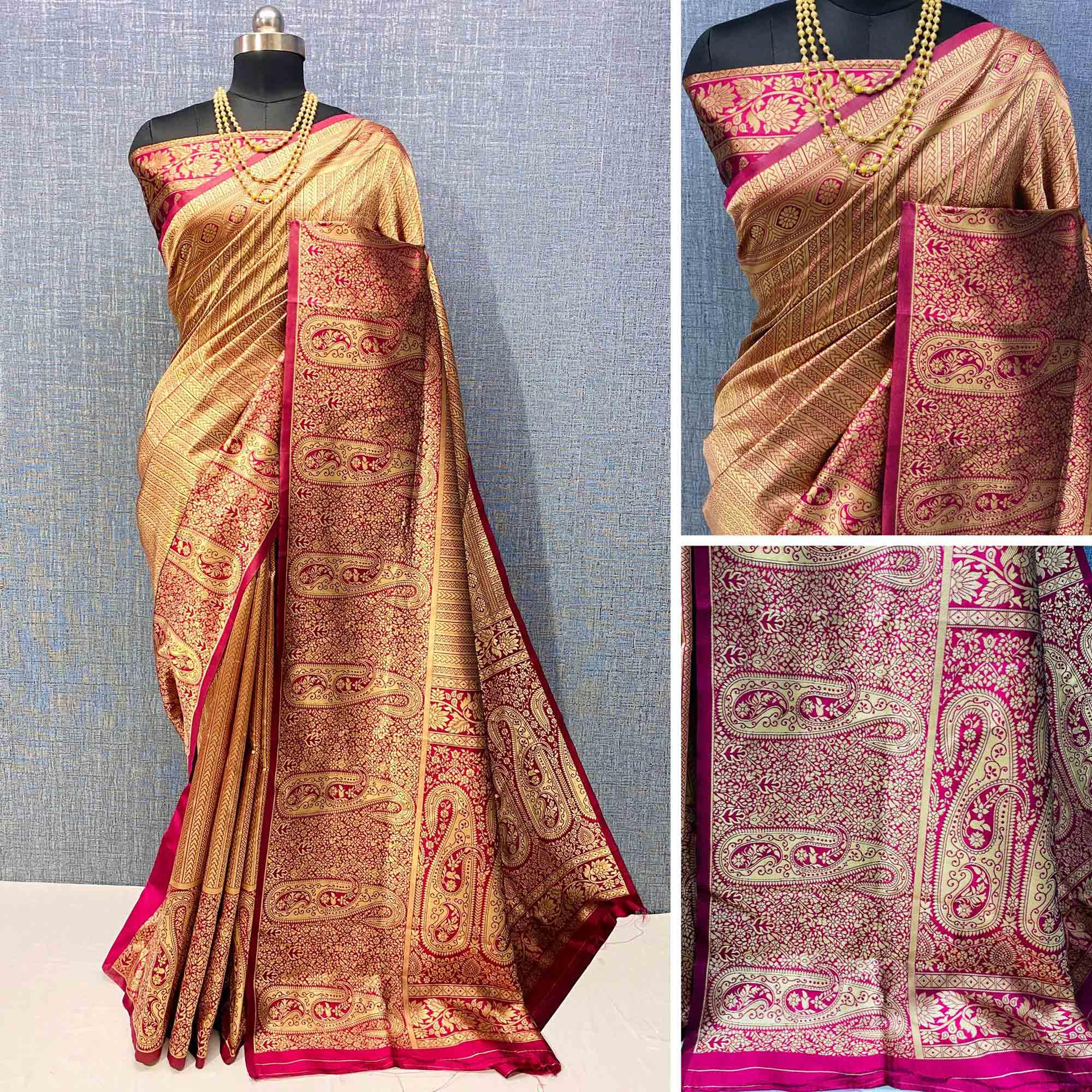 Brown Woven Banarasi Silk Saree - Peachmode