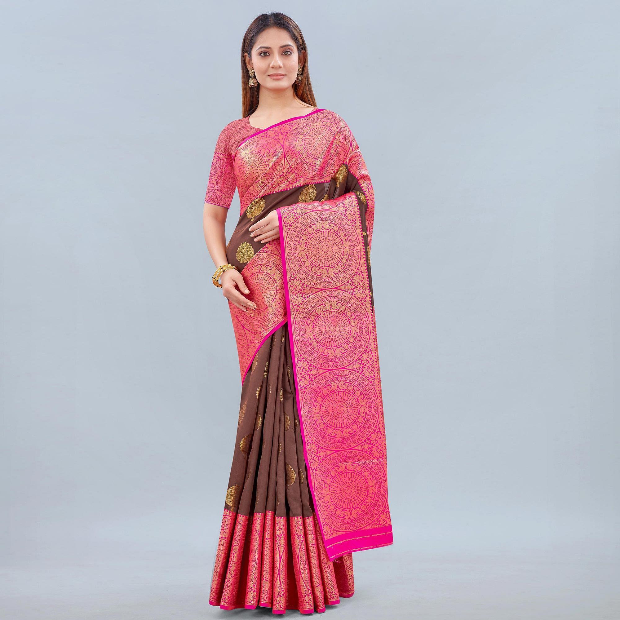 Brown Woven Banarasi Silk Saree - Peachmode