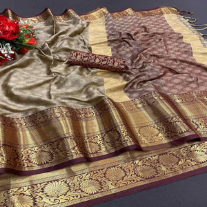 Brown Woven Cotton Silk Saree - Peachmode
