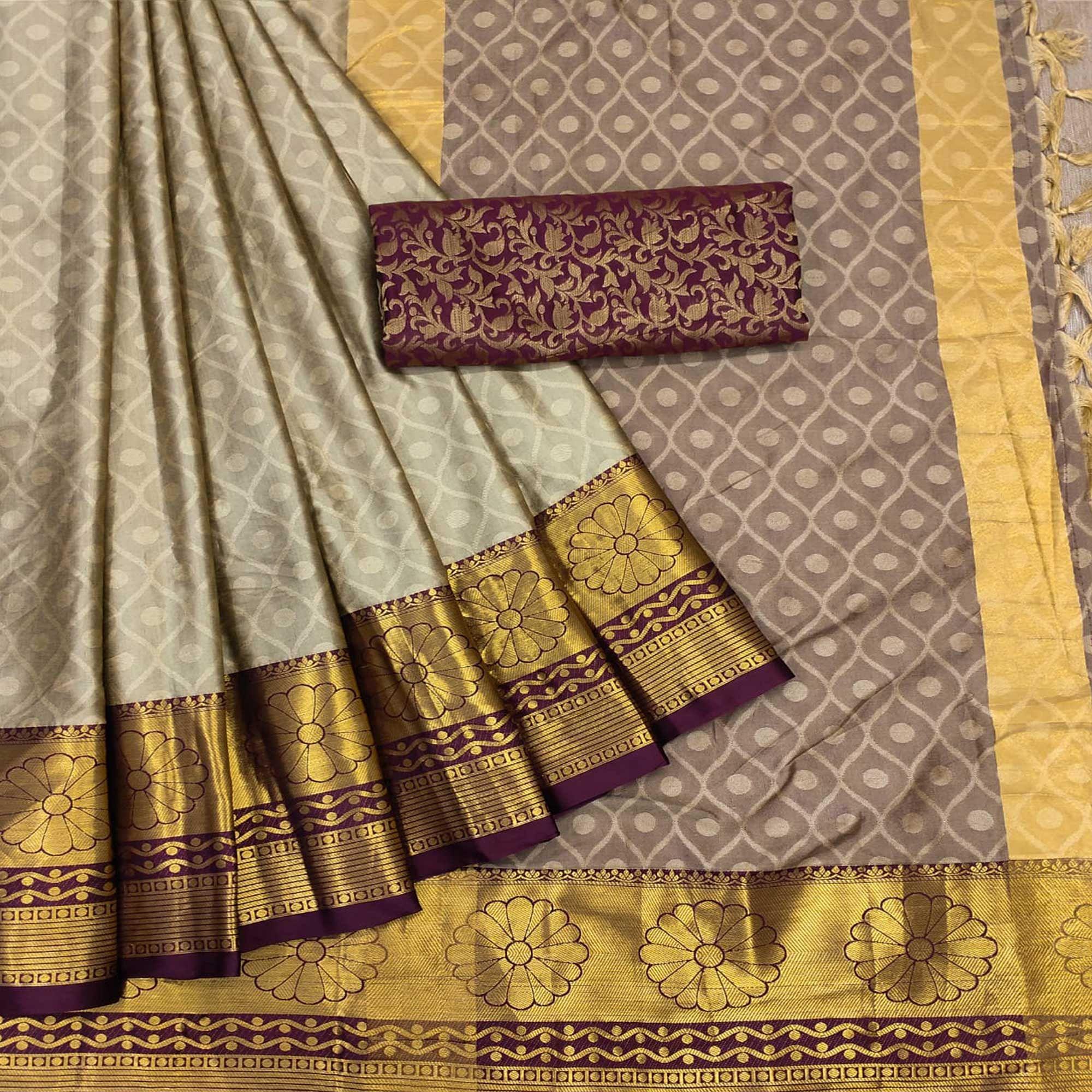 Brown Woven Cotton Silk Saree - Peachmode