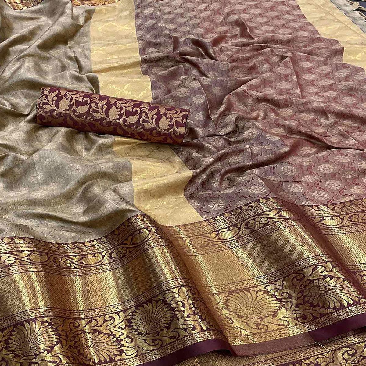 Brown Woven Cotton Silk Saree - Peachmode