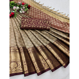 Brown Woven Cotton Silk Saree - Peachmode