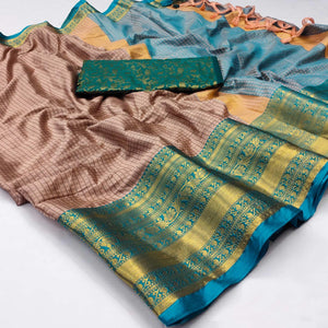 Brown Woven Cotton Silk Saree With Tassels - Peachmode