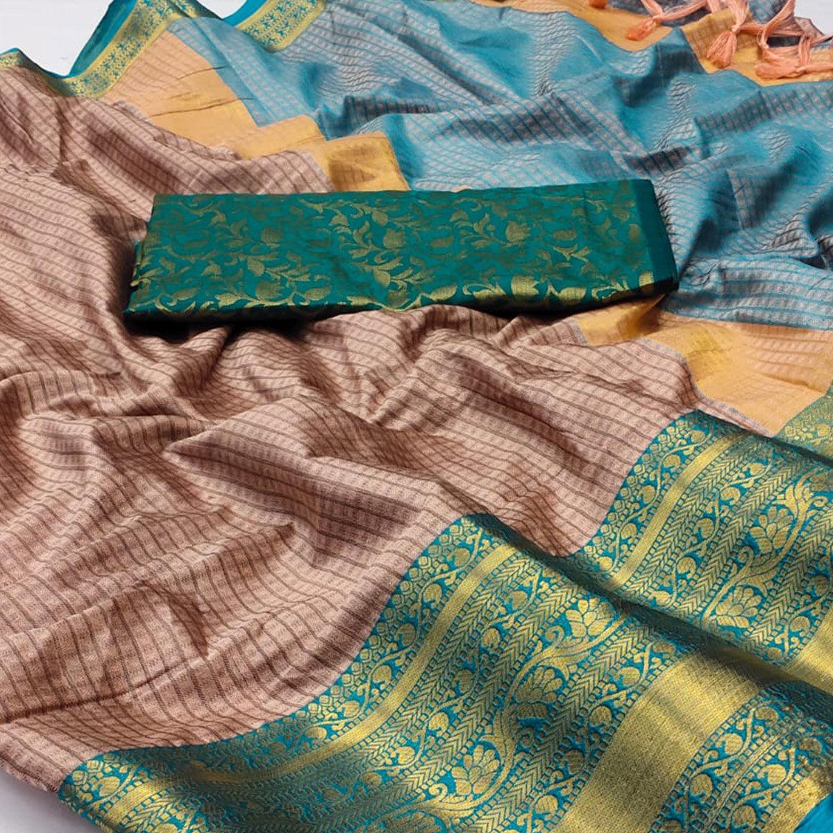 Brown Woven Cotton Silk Saree With Tassels - Peachmode