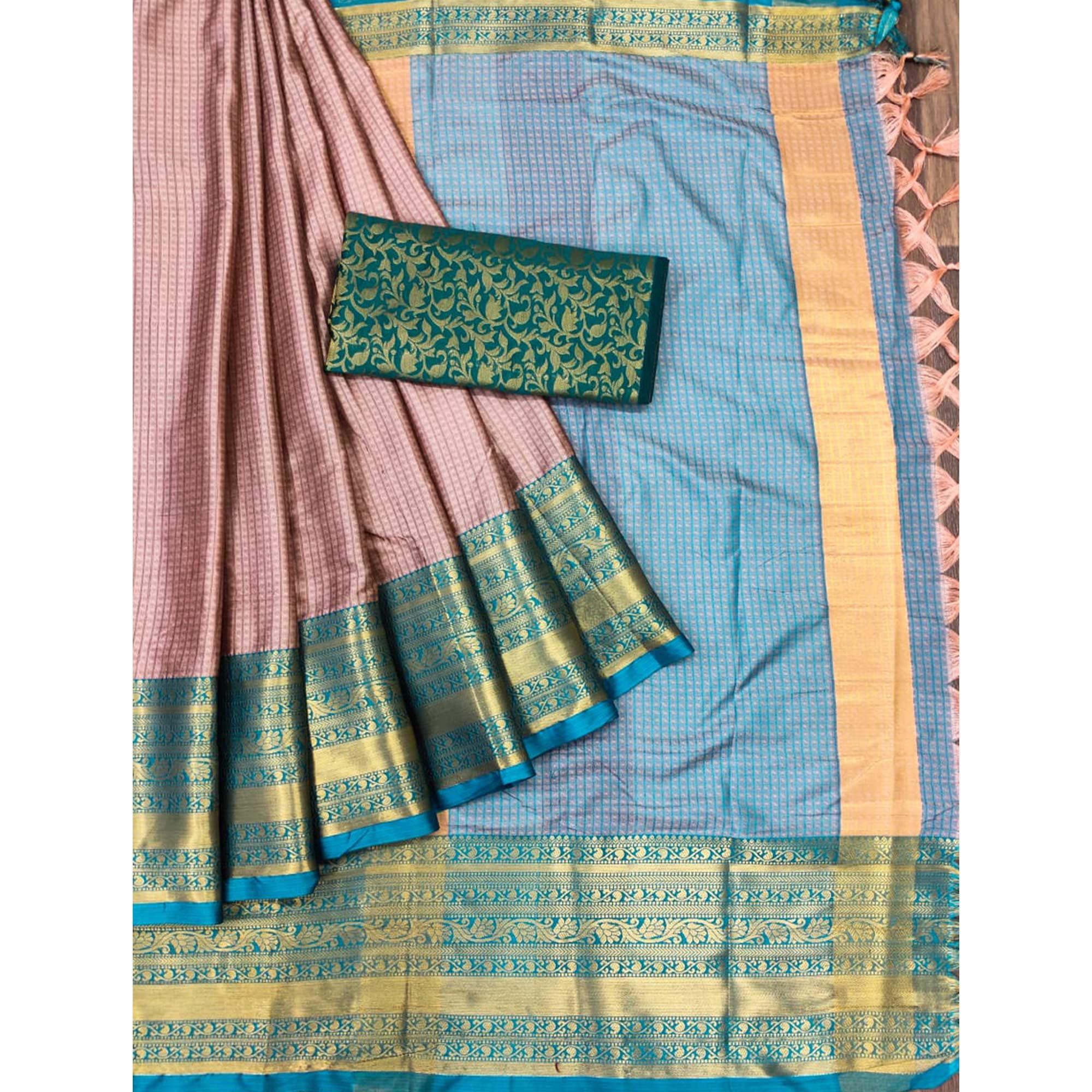 Brown Woven Cotton Silk Saree With Tassels - Peachmode