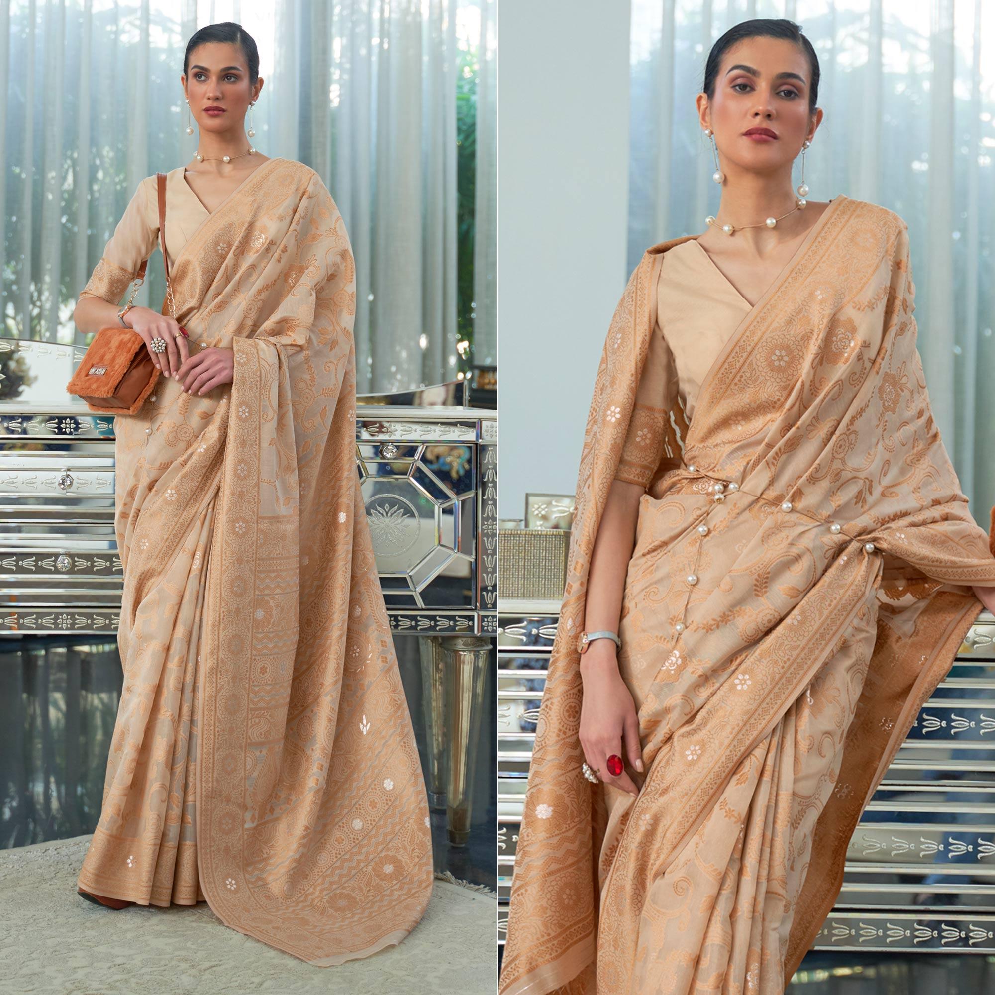 Brown Woven Lucknowi Chickankari Modal Saree - Peachmode