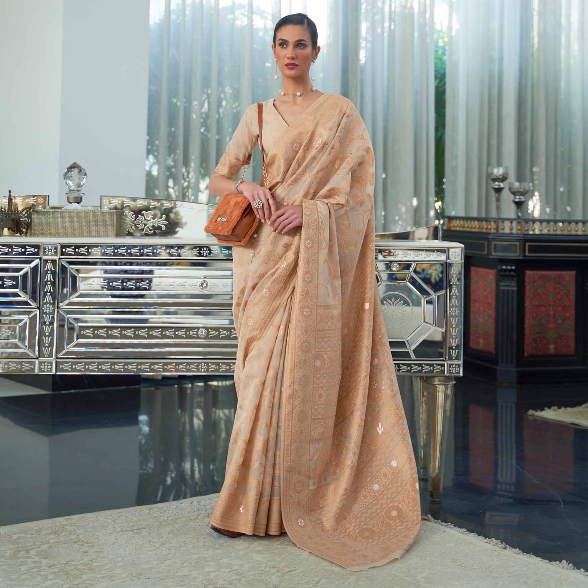 Brown Woven Lucknowi Chickankari Modal Saree - Peachmode