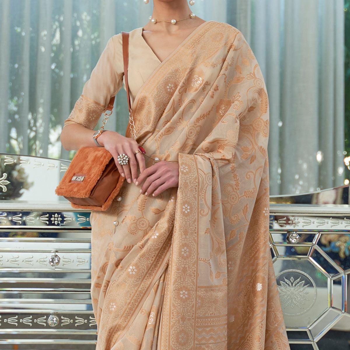 Brown Woven Lucknowi Chickankari Modal Saree - Peachmode