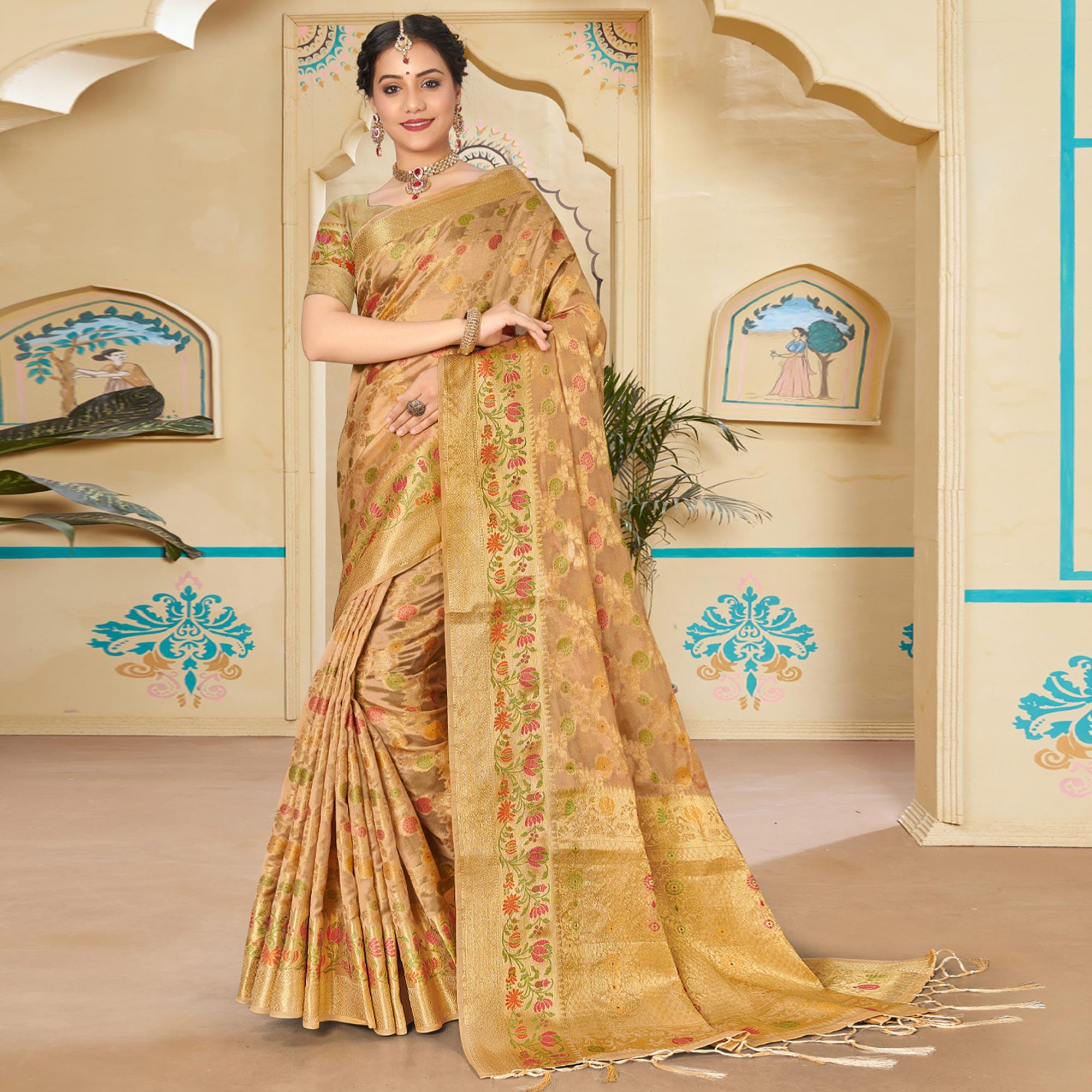 Brown Woven Organza Saree - Peachmode