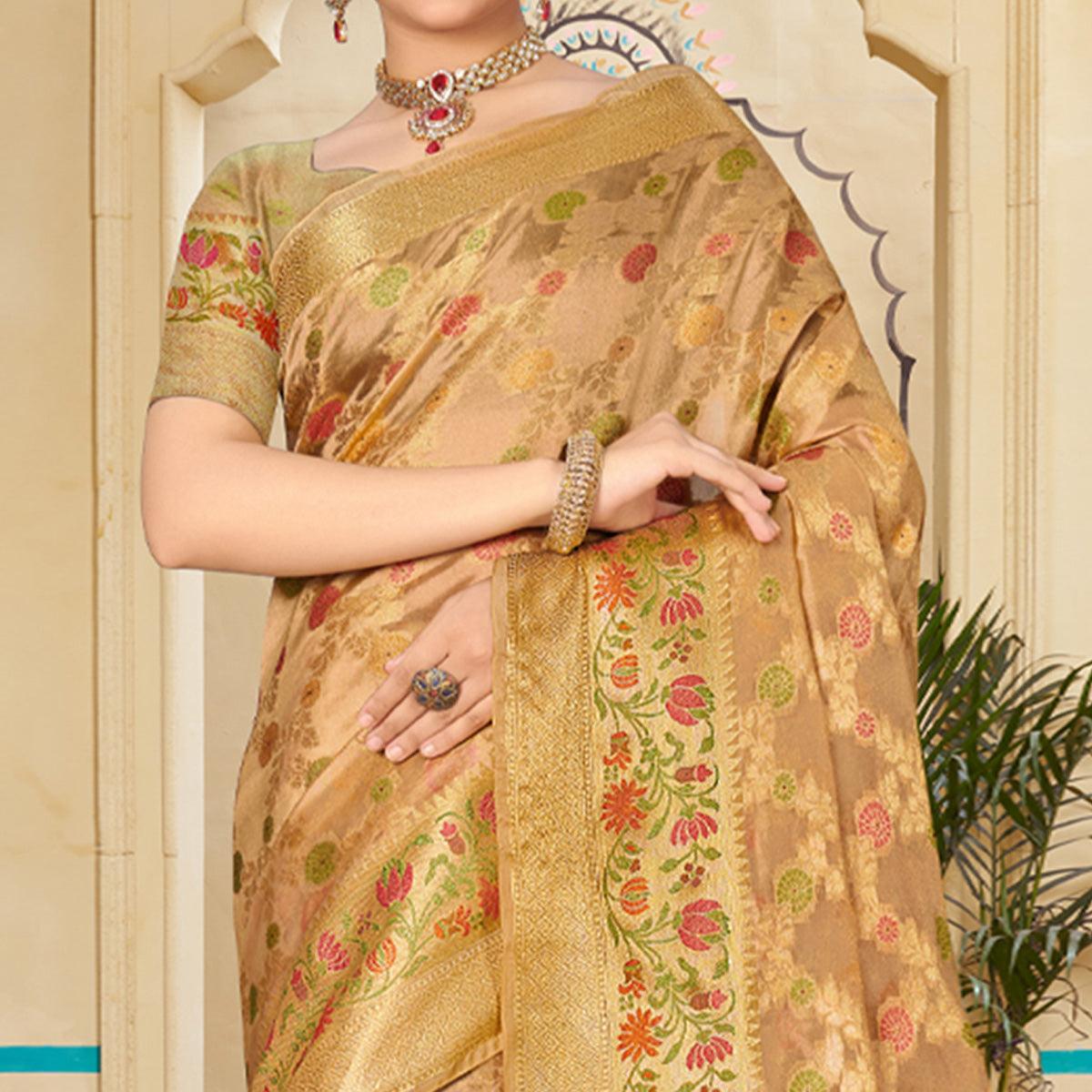 Brown Woven Organza Saree - Peachmode