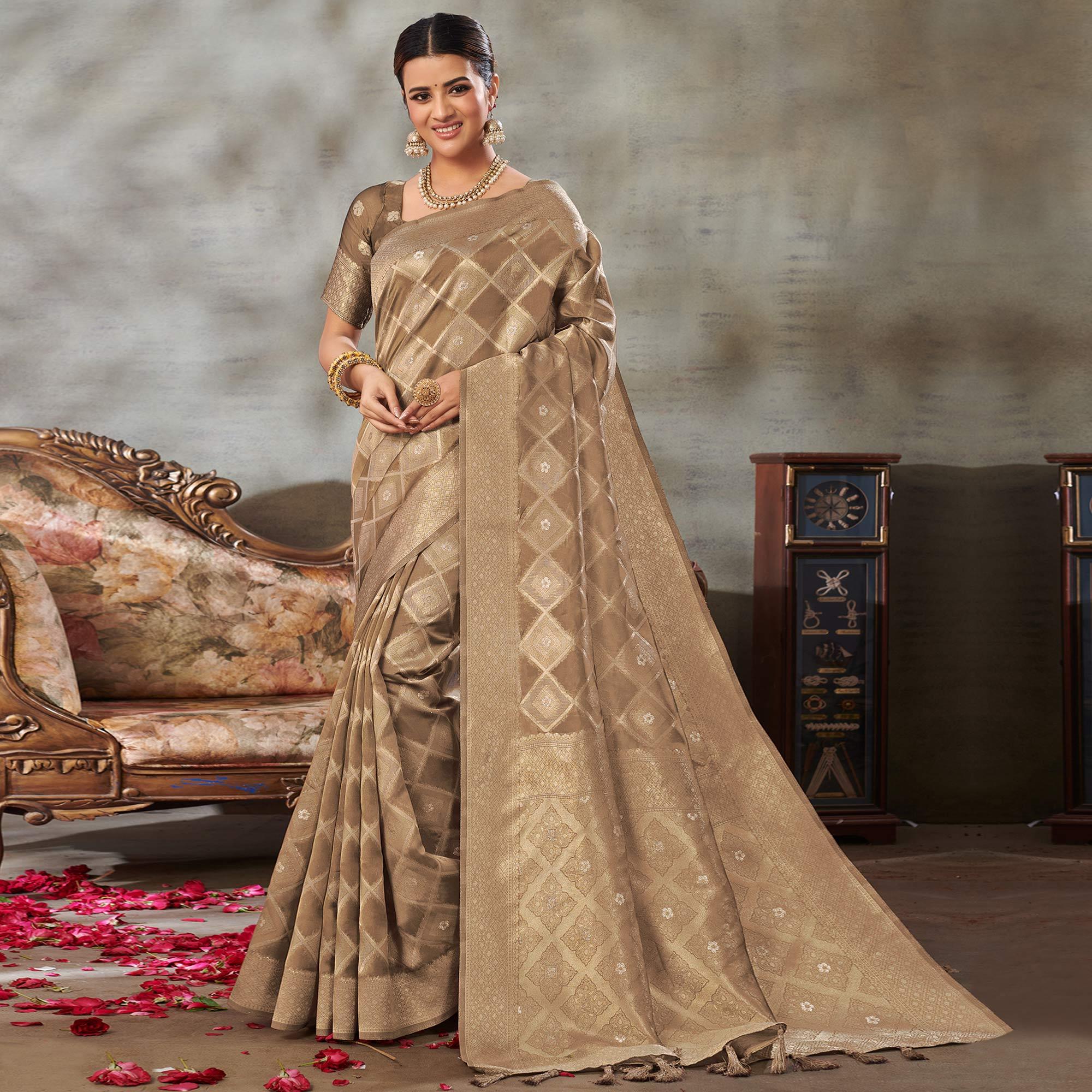 Brown Woven Organza Saree With Tassels - Peachmode