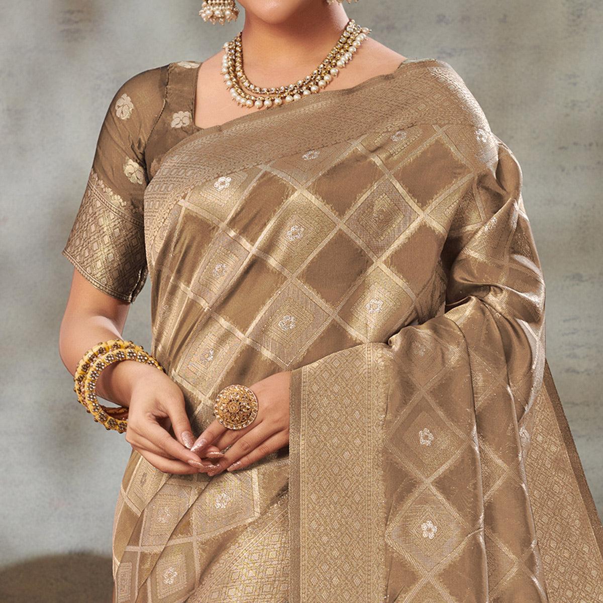 Brown Woven Organza Saree With Tassels - Peachmode