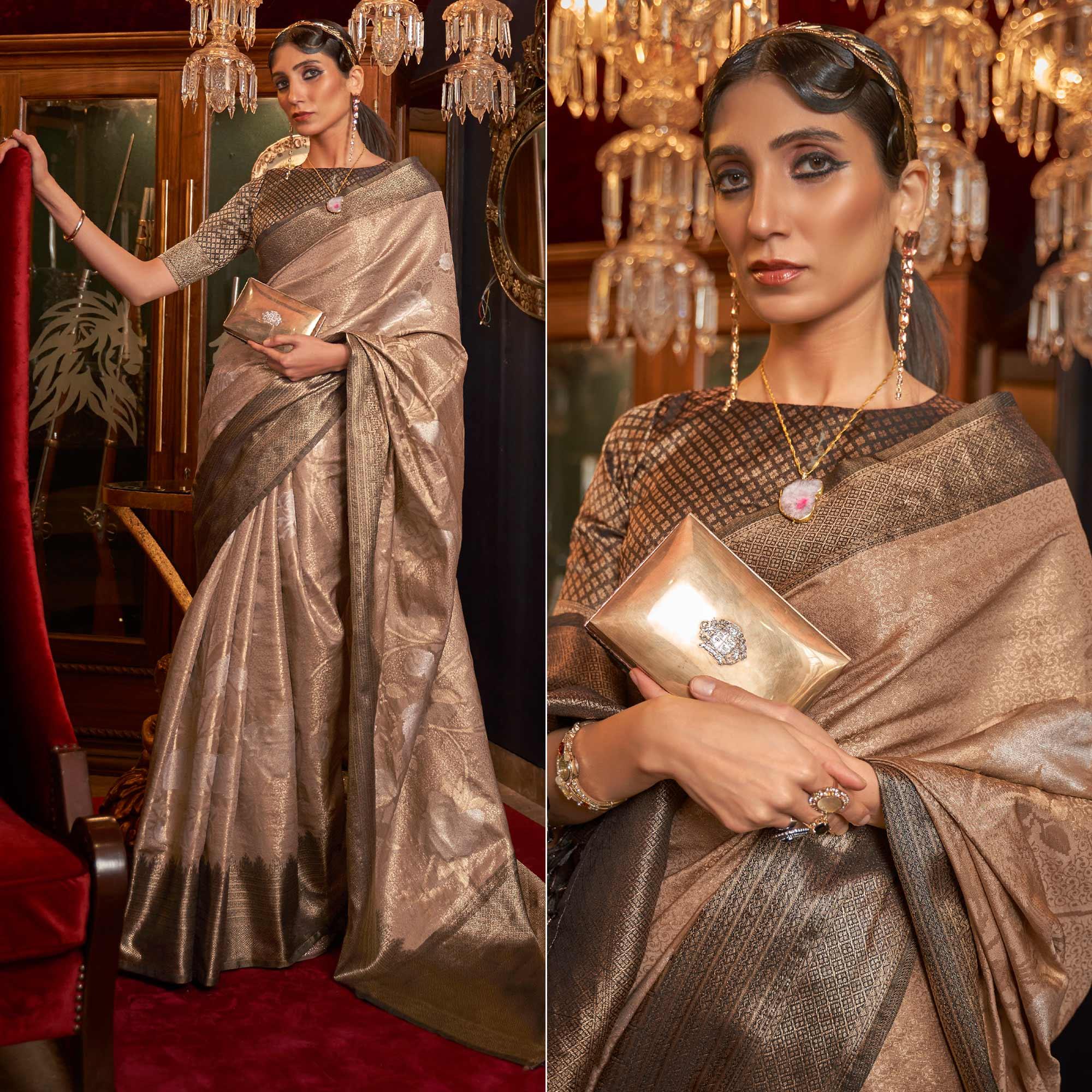 Brown Woven Pure Silk Saree With Tassels - Peachmode
