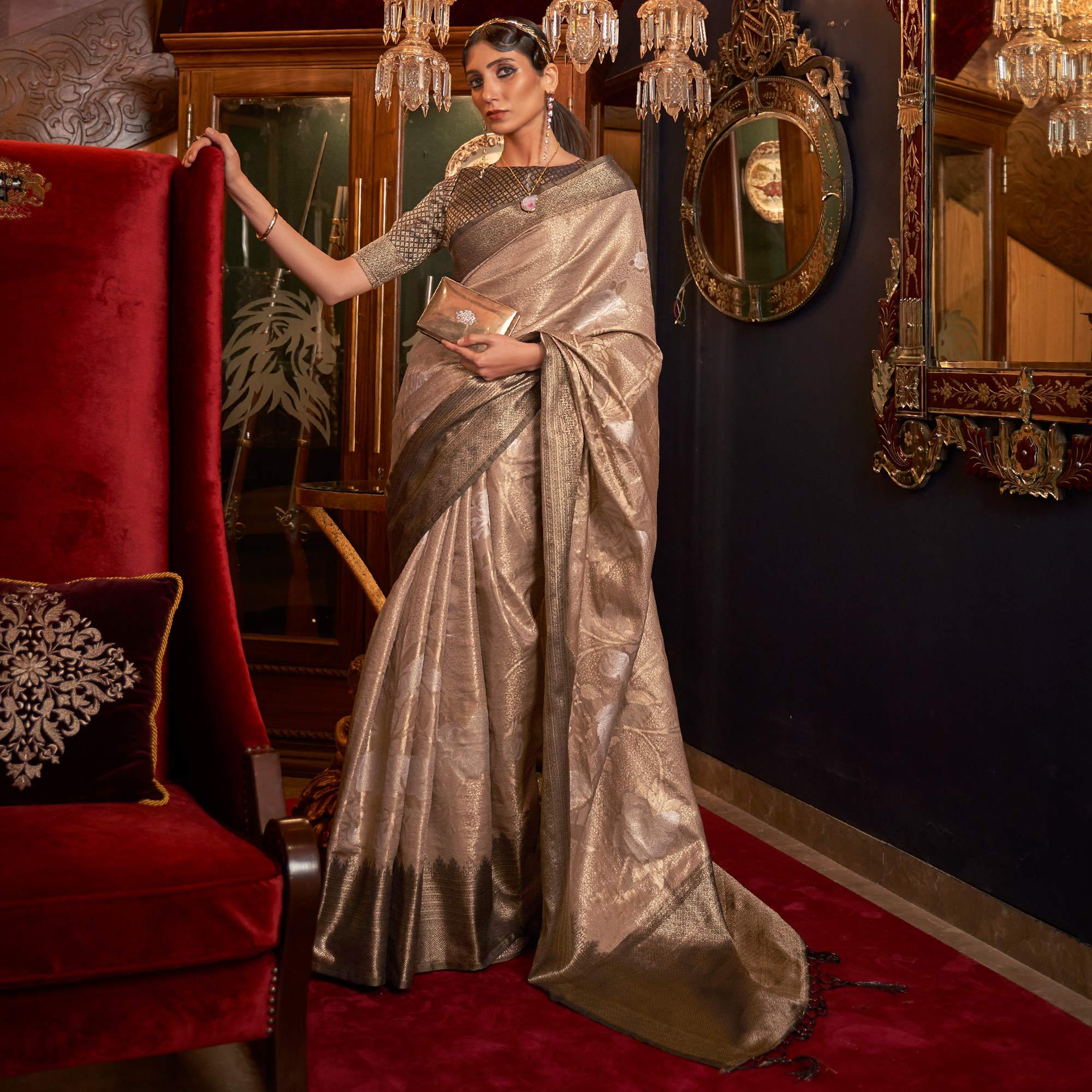 Brown Woven Pure Silk Saree With Tassels - Peachmode