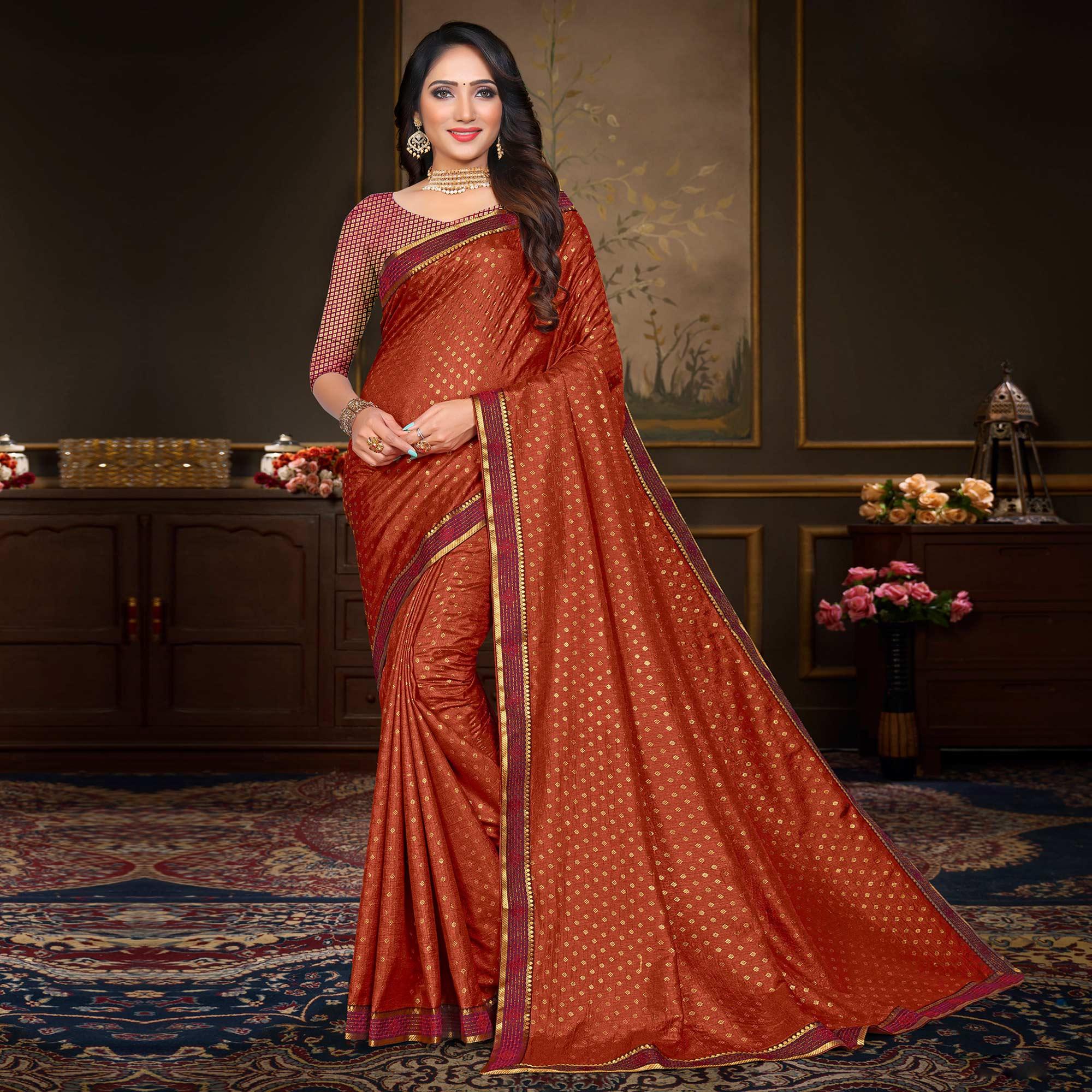 Brown Woven Vichitra Silk Saree - Peachmode