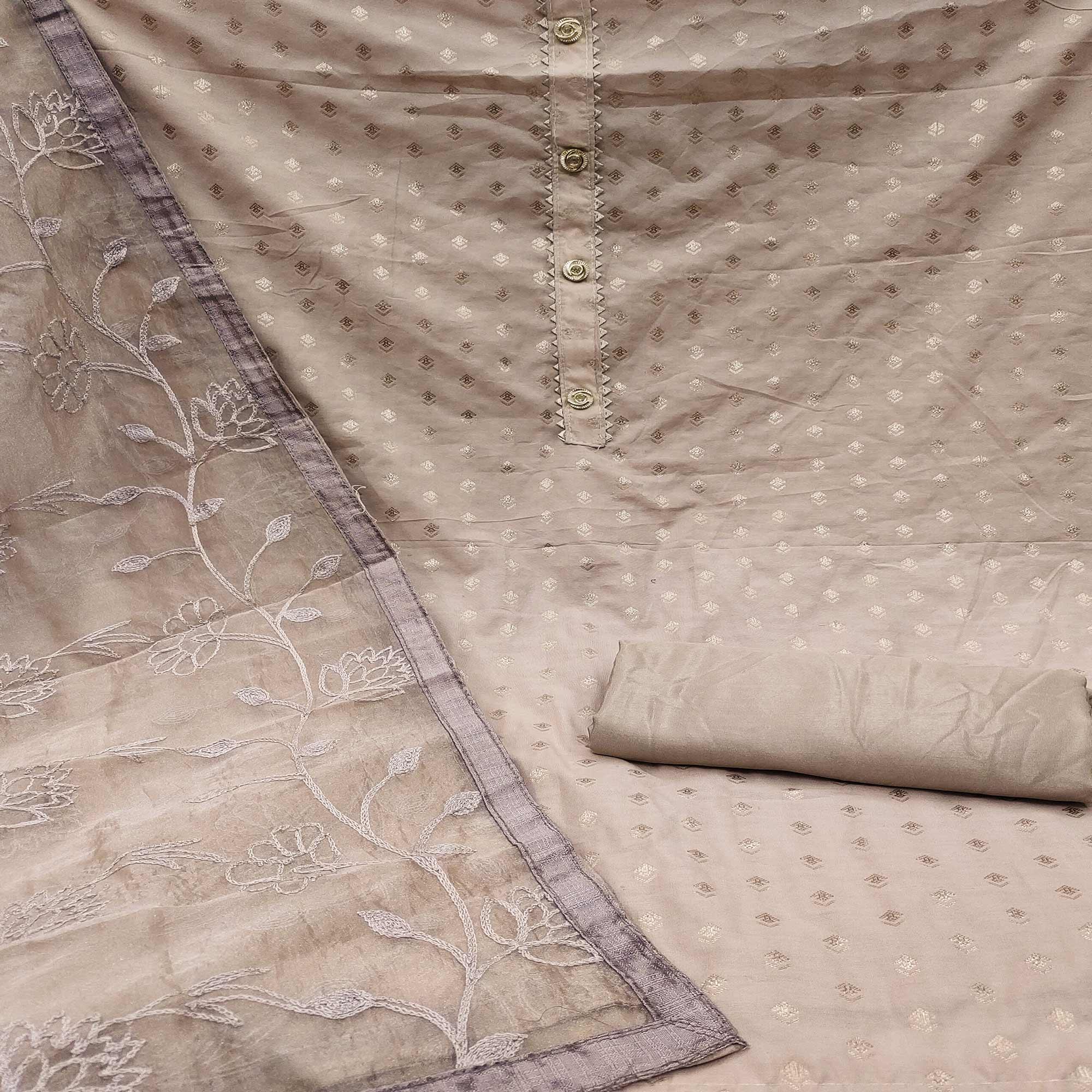 Brown Woven With Gota Work Cotton Blend Dress Material - Peachmode