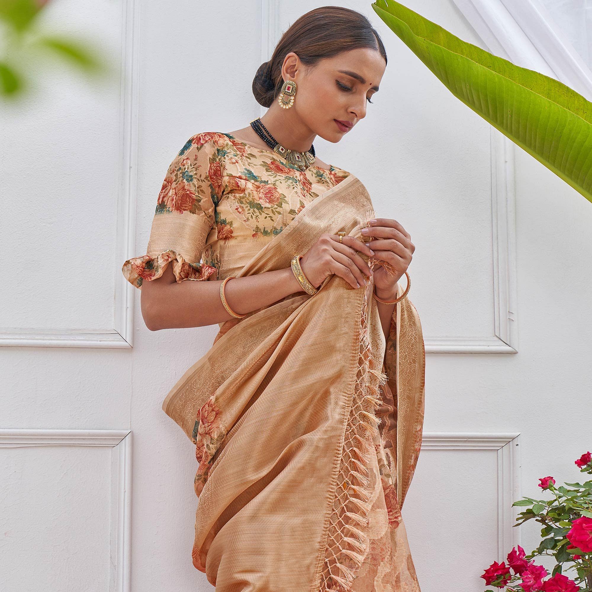 Brown Woven With Printed Organza Saree - Peachmode