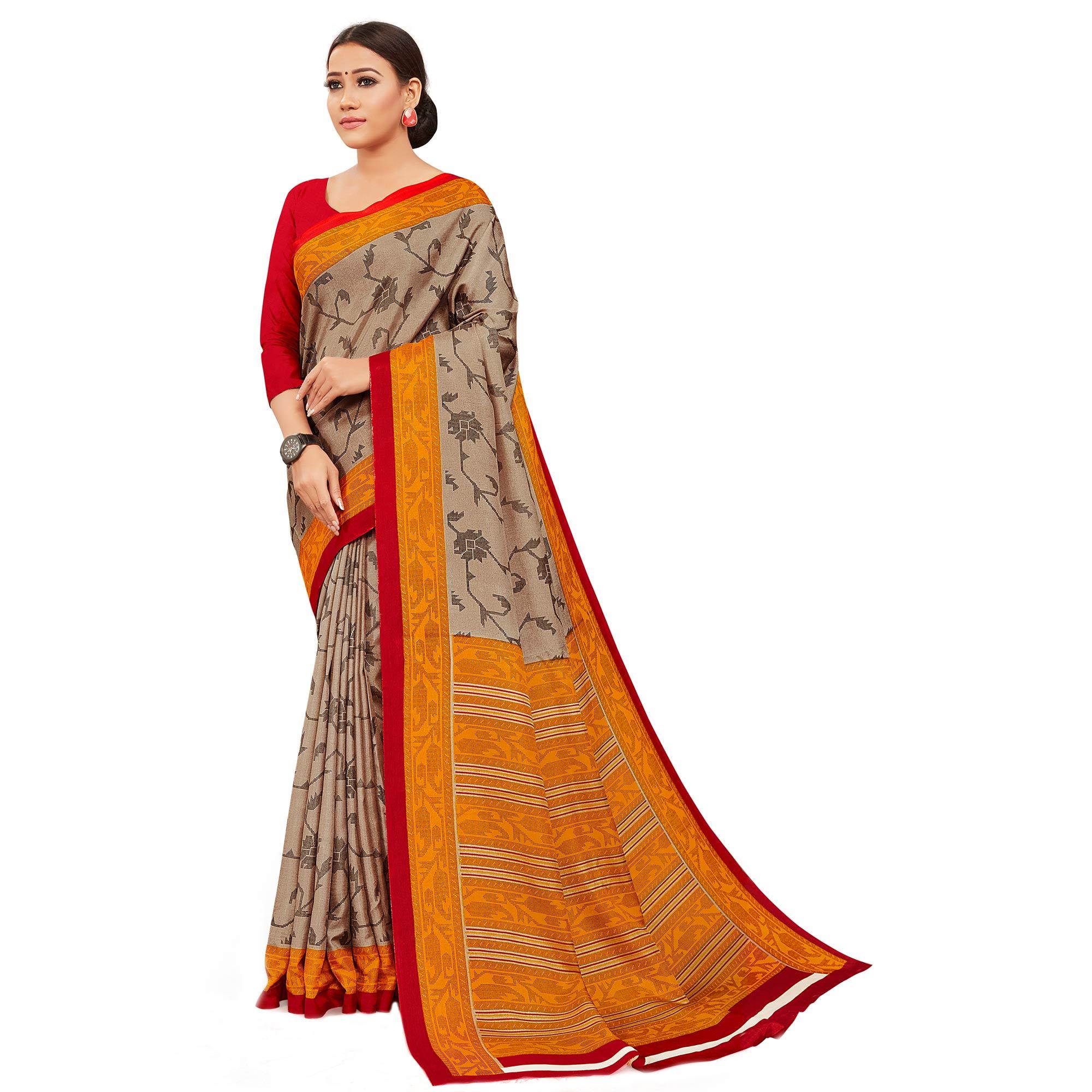 Brown-Yellow Casual Wear Printed Manipuri Silk Saree - Peachmode
