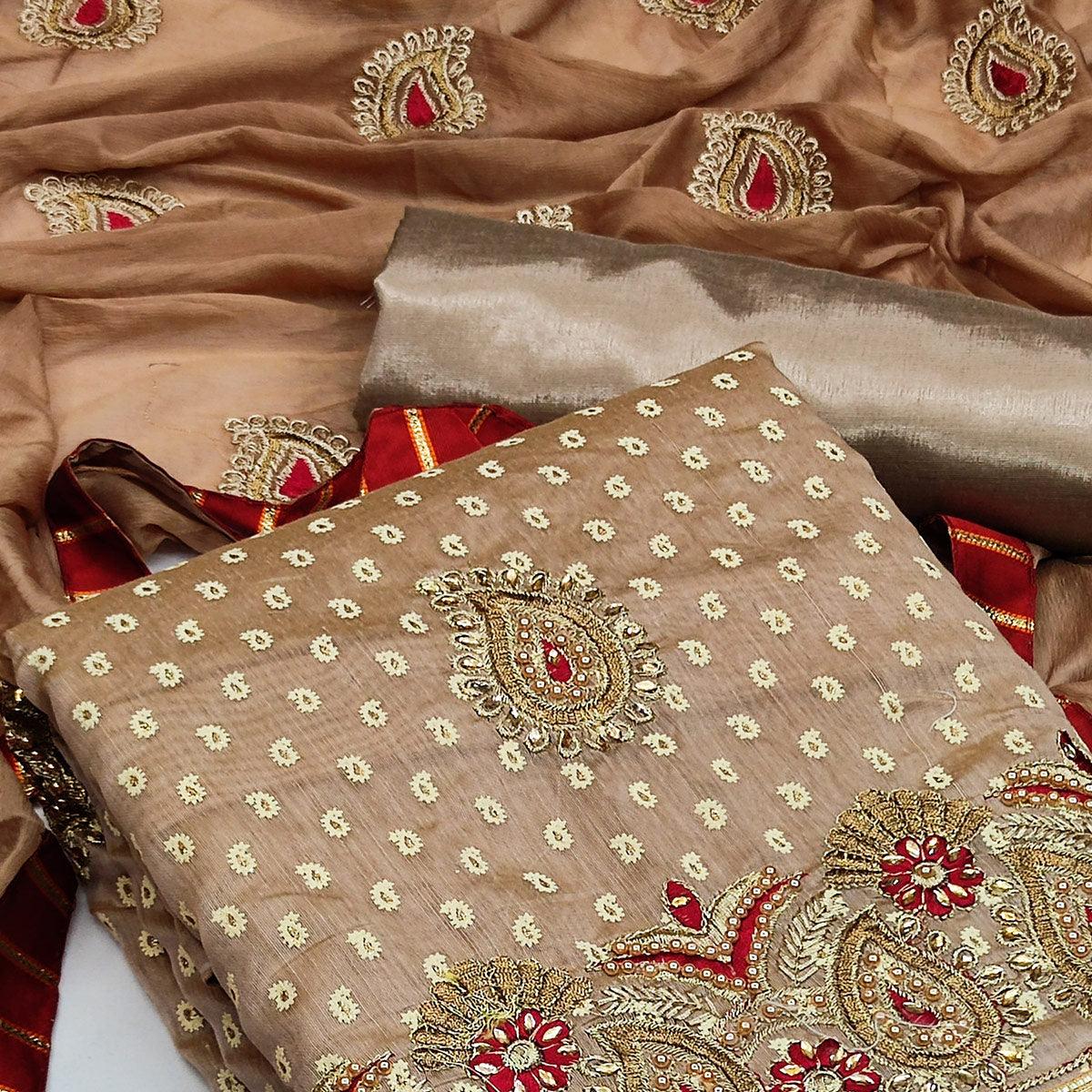 Brown Zardosi Work Fancy Fabric Dress Material - Peachmode