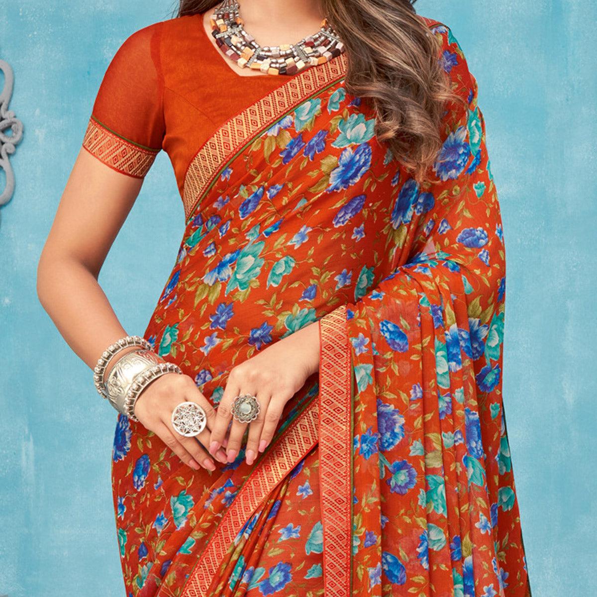 Burgundy Casual Wear Floral Printed Chiffon Saree - Peachmode