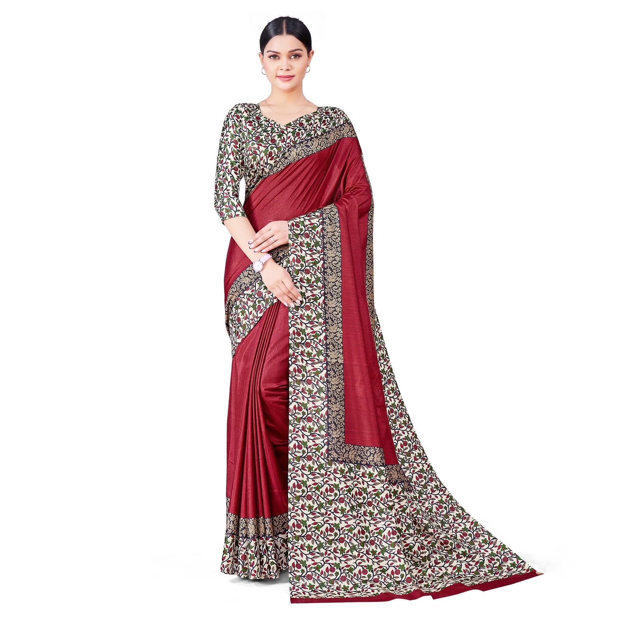 Burgundy Casual Wear Printed Art Silk Saree - Peachmode