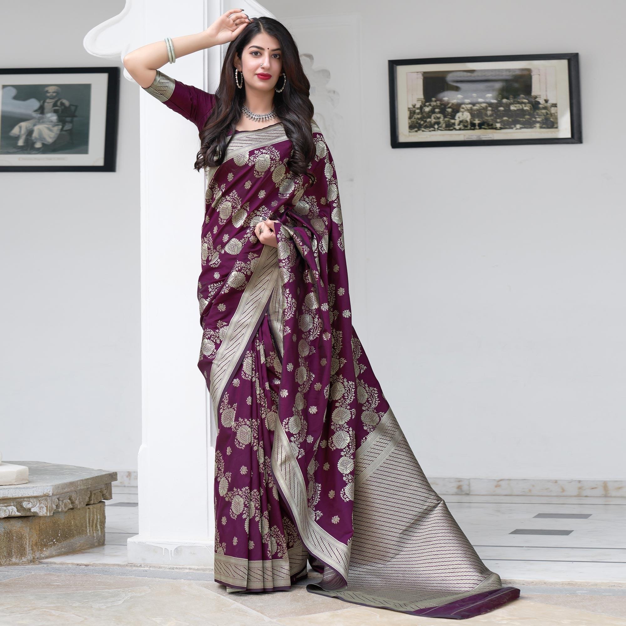 Burgundy Festive Wear Designer Woven Silk Saree - Peachmode