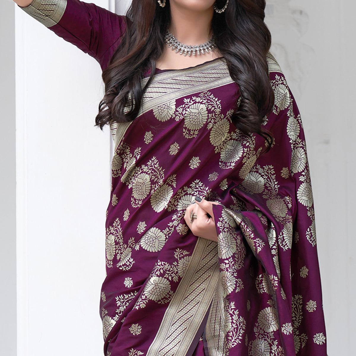 Burgundy Festive Wear Designer Woven Silk Saree - Peachmode