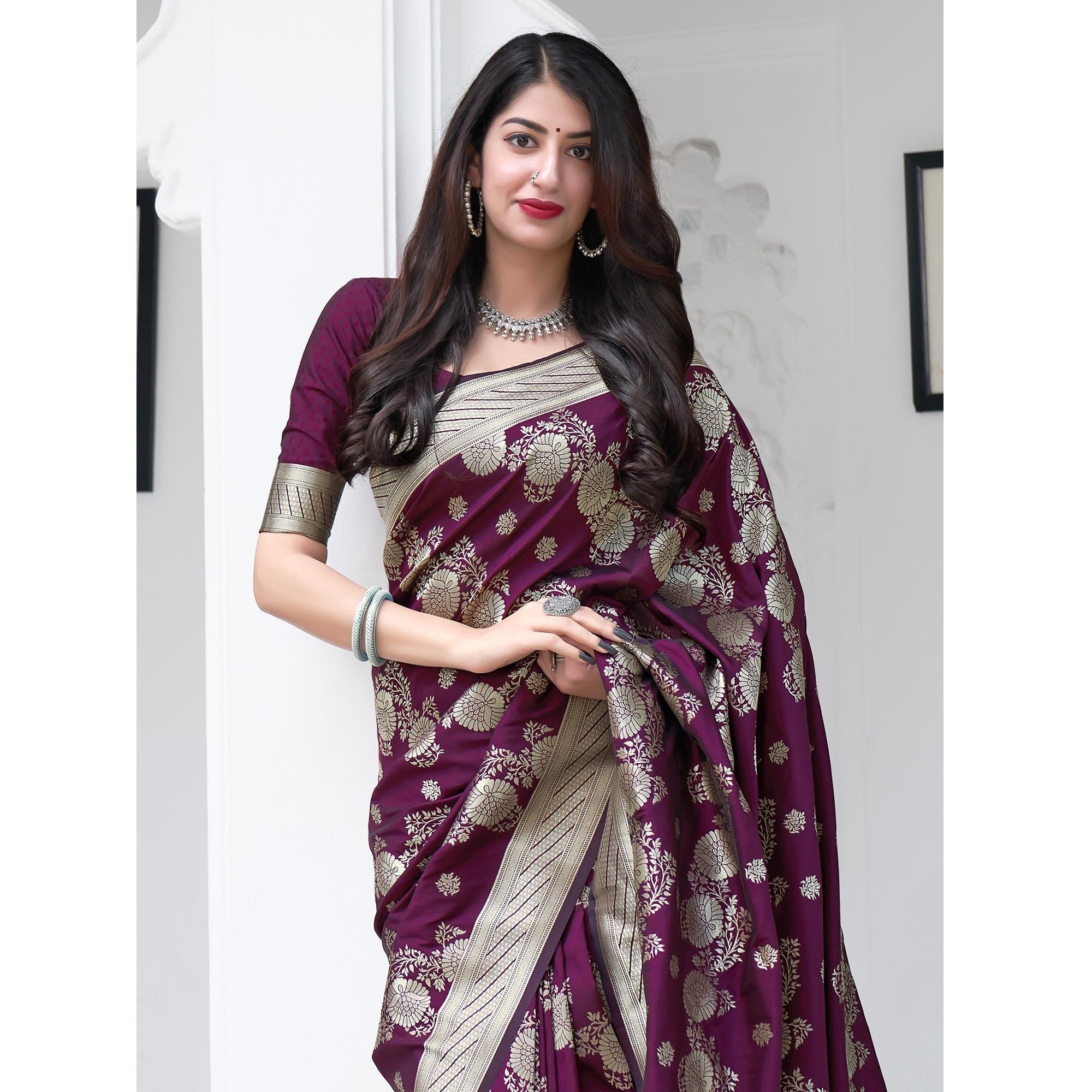Burgundy Festive Wear Designer Woven Silk Saree - Peachmode