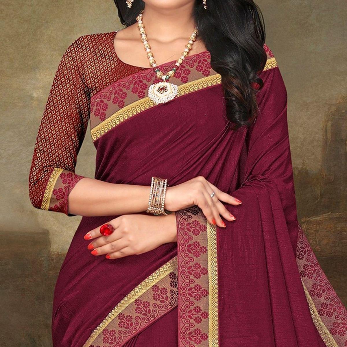 Burgundy Festive Wear Lace Work Silk Saree - Peachmode