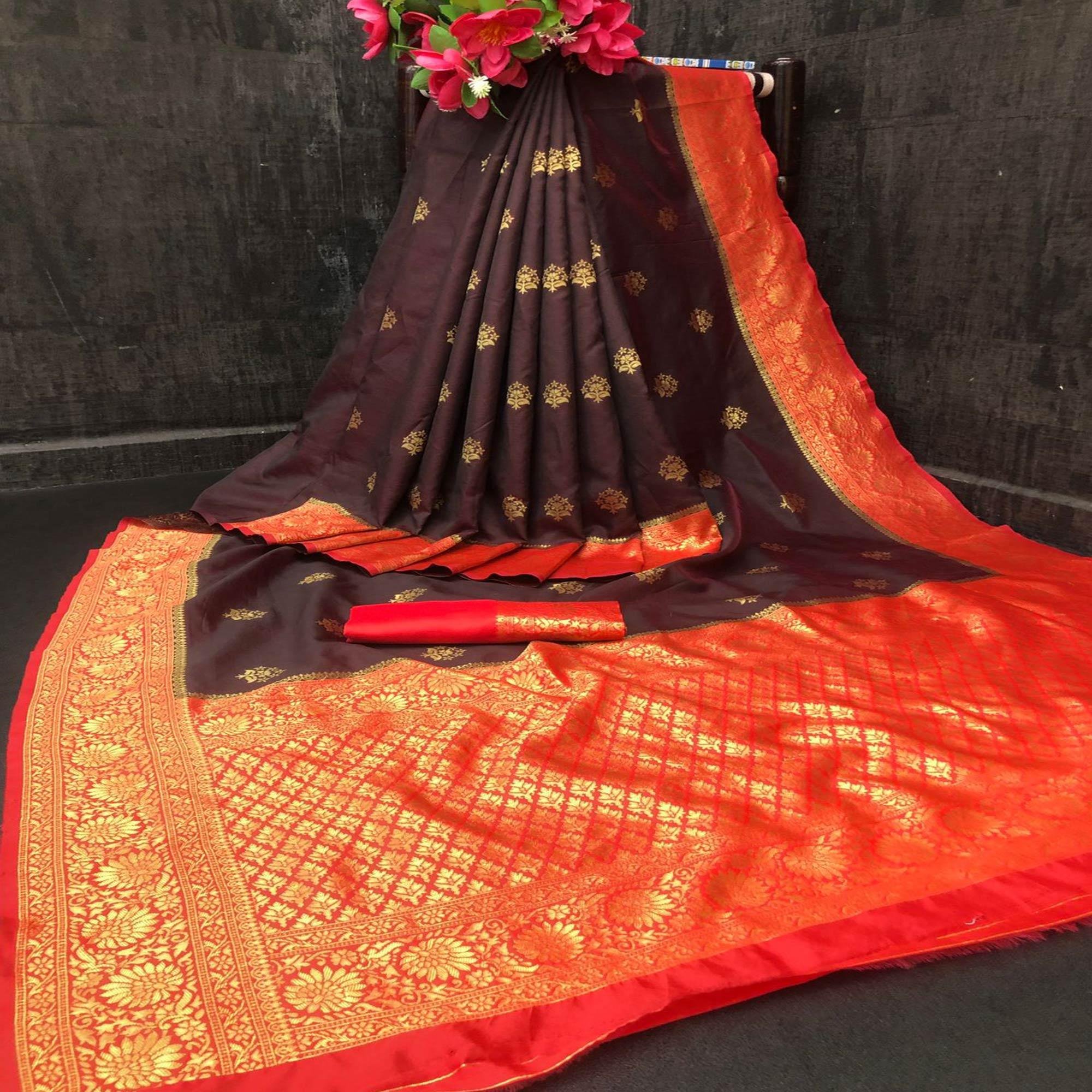 Burgundy Festive Wear Woven Soft Litchi Silk Saree - Peachmode