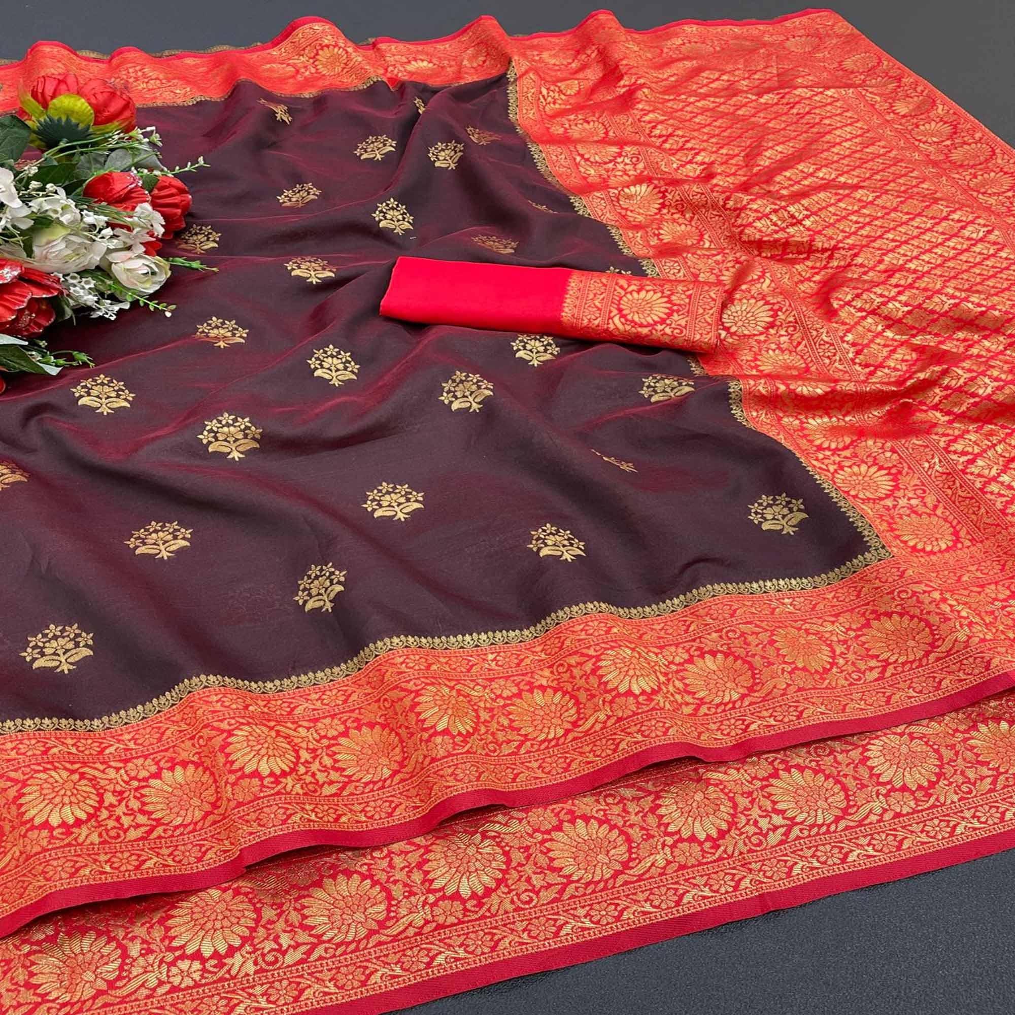 Burgundy Festive Wear Woven Soft Litchi Silk Saree - Peachmode