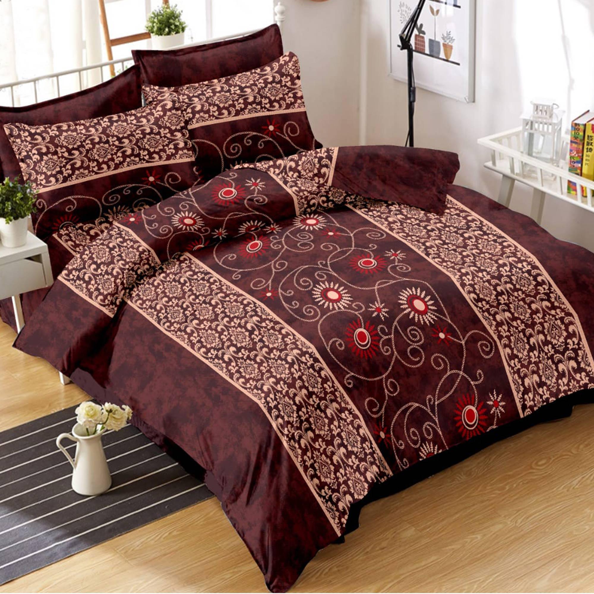Burgundy Floral Printed Pure Cotton Double Bedsheet With Pillow Cover - Peachmode