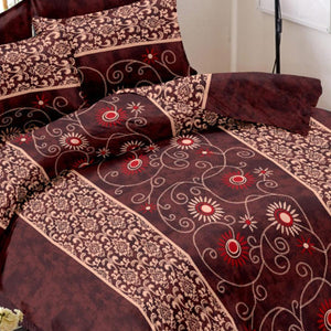 Burgundy Floral Printed Pure Cotton Double Bedsheet With Pillow Cover - Peachmode
